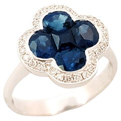 Blue Sapphire with Diamond Clover Ring set in 18K White Gold Settings