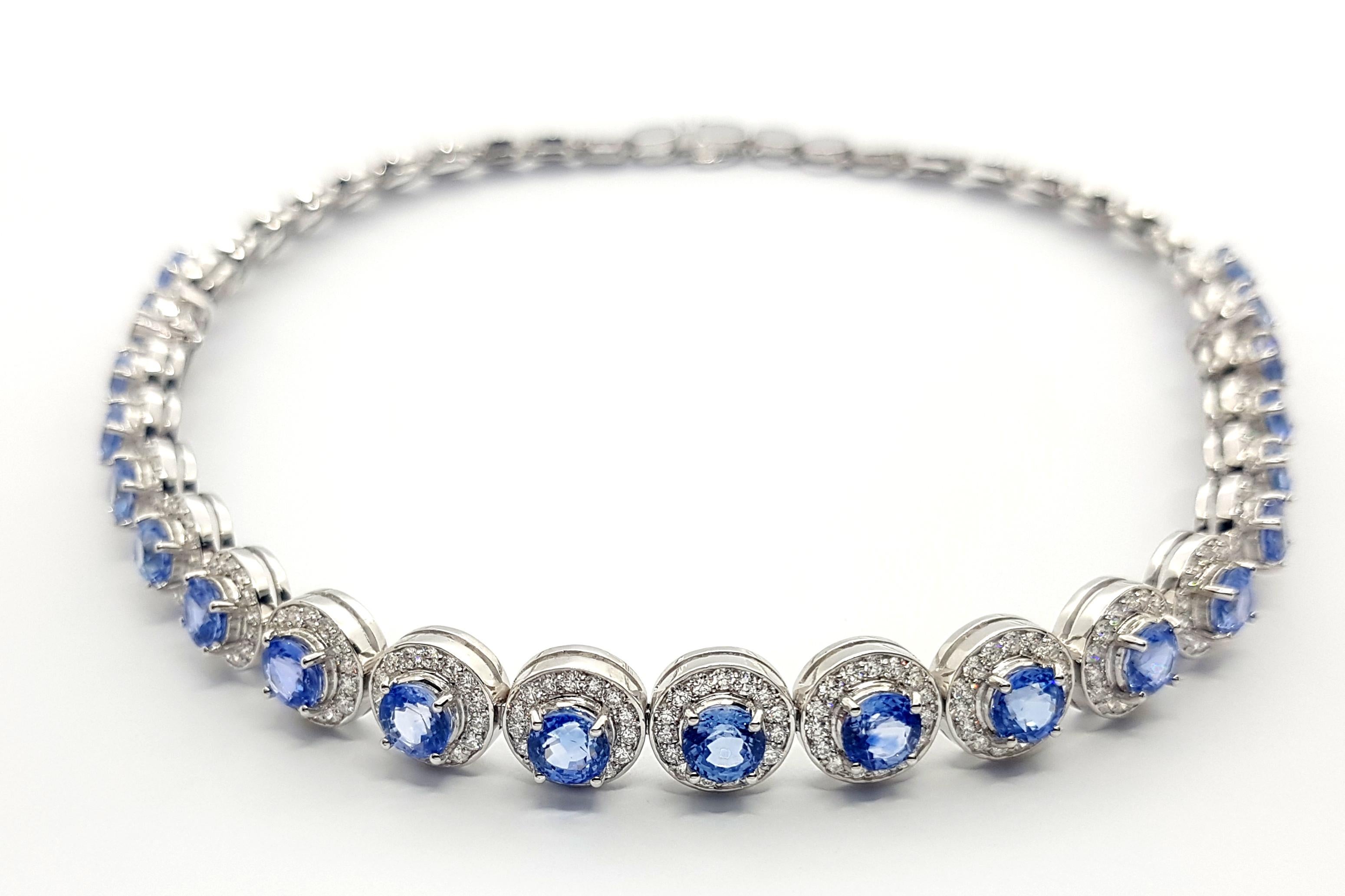 Blue Sapphire 23.35 carats with Diamond 6.03 carats Necklace set in 18K White Gold Settings

Width:  1.0 cm 
Length: 37.5 cm
Total Weight: 69.72 grams

Blue Sapphire 19.31 carats with Diamond 5.02 carats Bracelet set in 18K White Gold