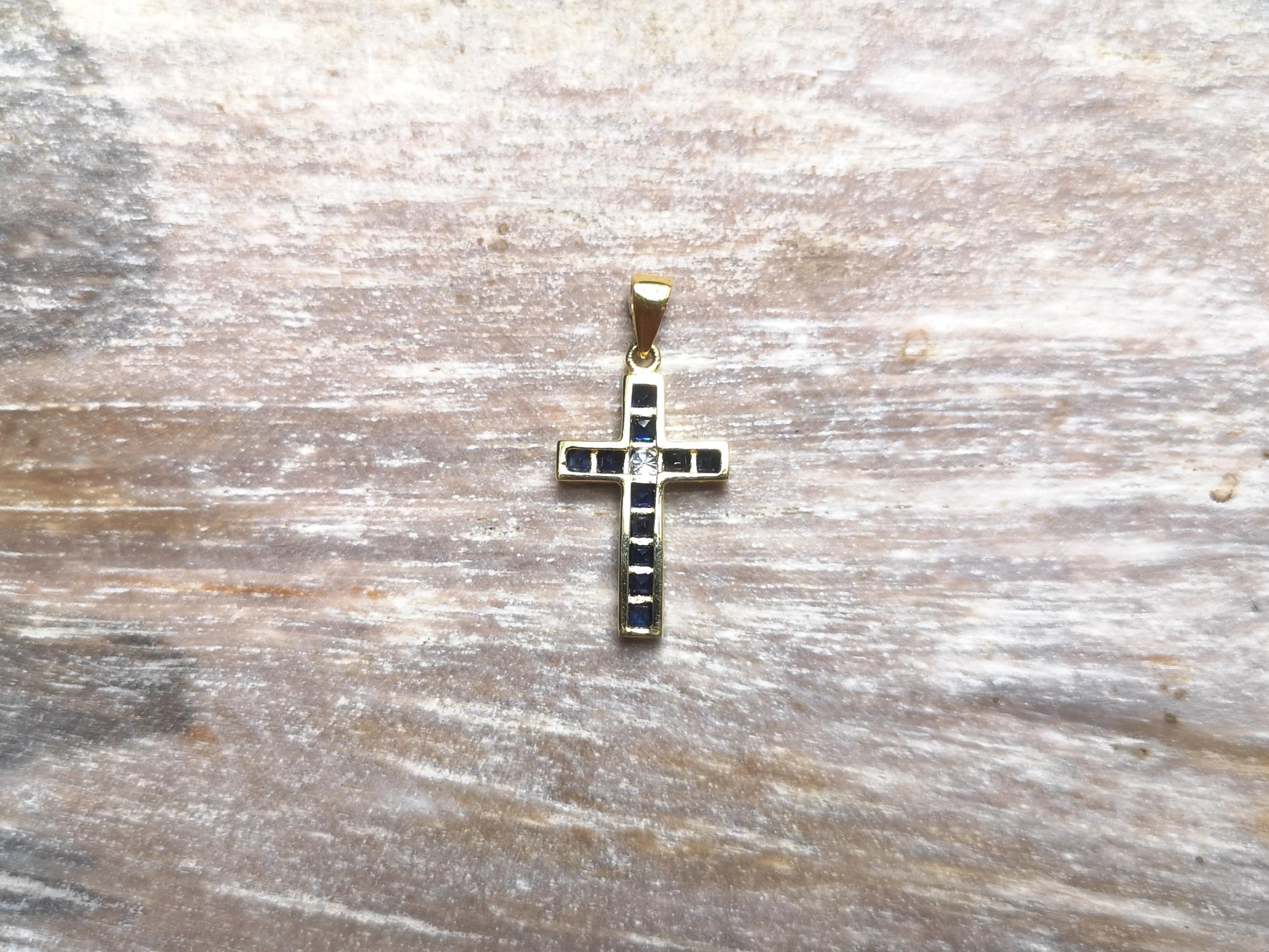 Contemporary Blue Sapphire with Diamond Cross Pendant Set in 18 Karat Gold Settings