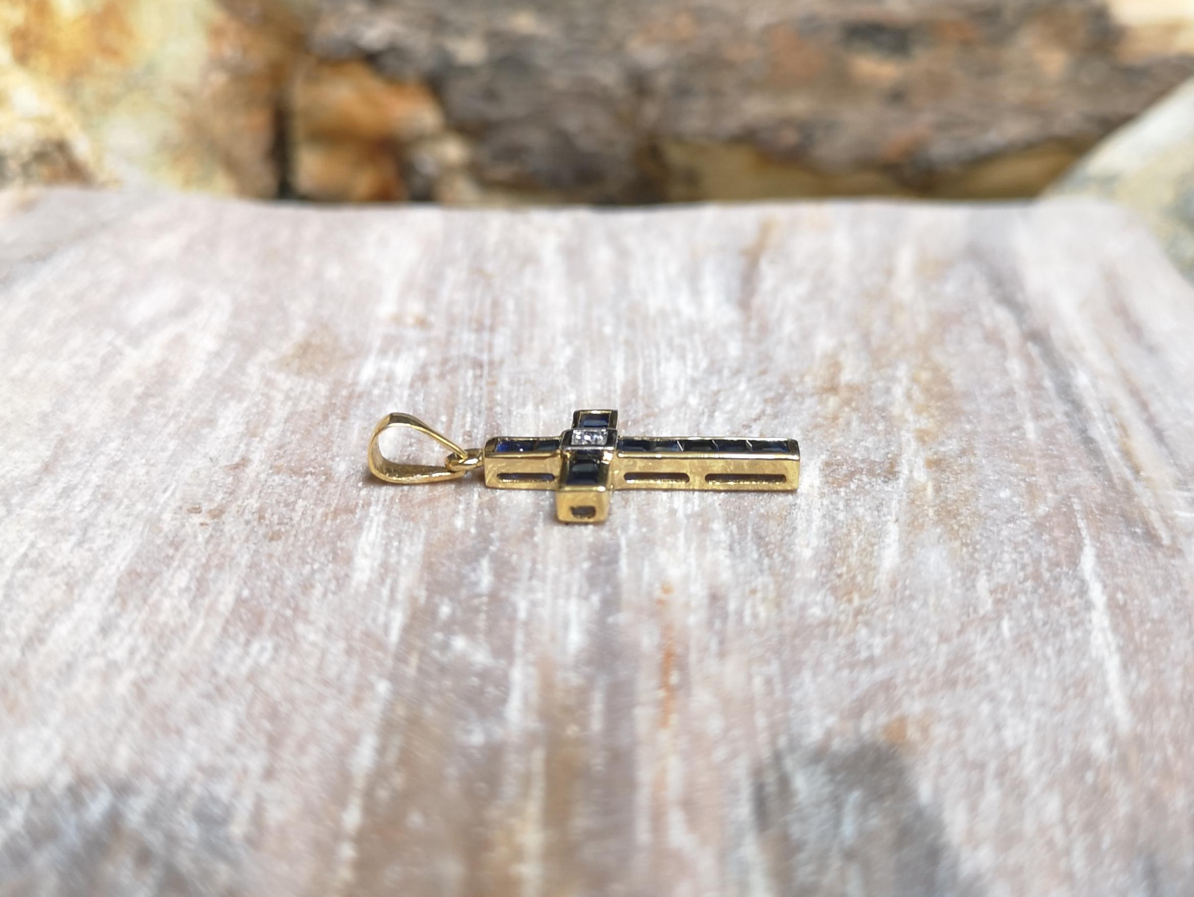 Square Cut Blue Sapphire with Diamond Cross Pendant Set in 18 Karat Gold Settings