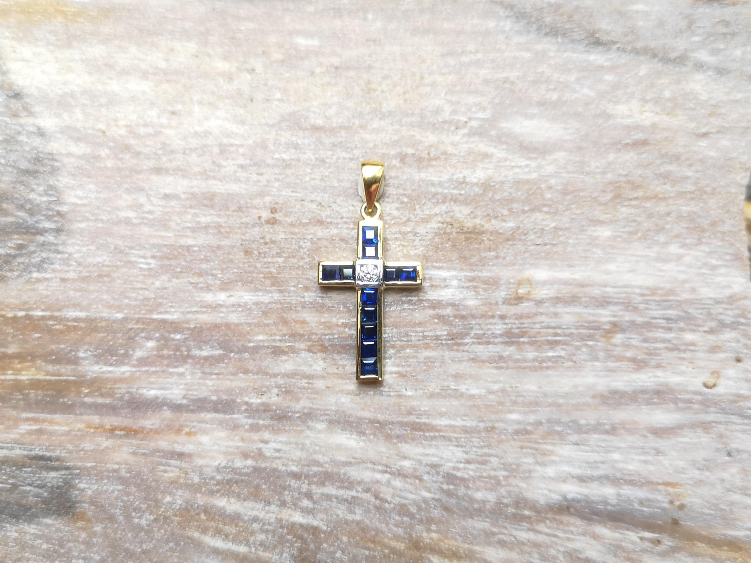 Women's or Men's Blue Sapphire with Diamond Cross Pendant Set in 18 Karat Gold Settings