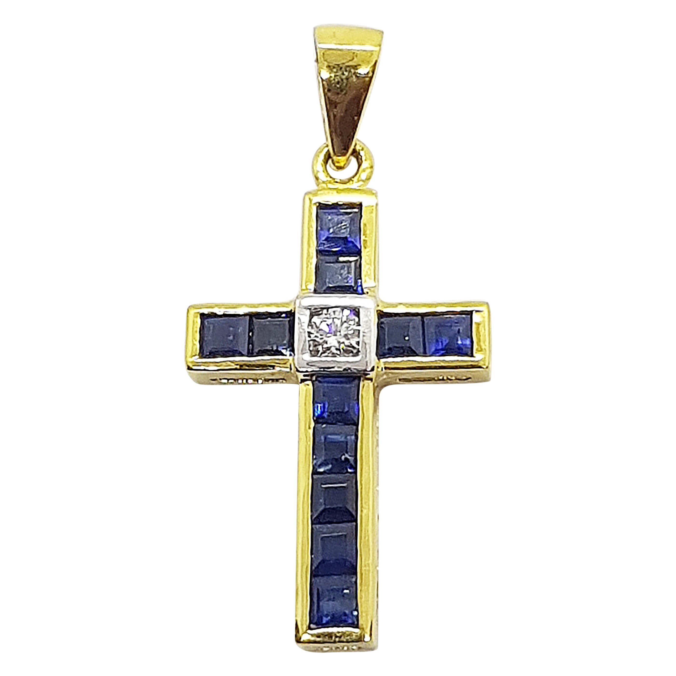 Blue Sapphire with Diamond Cross Pendant Set in 18 Karat Gold Settings