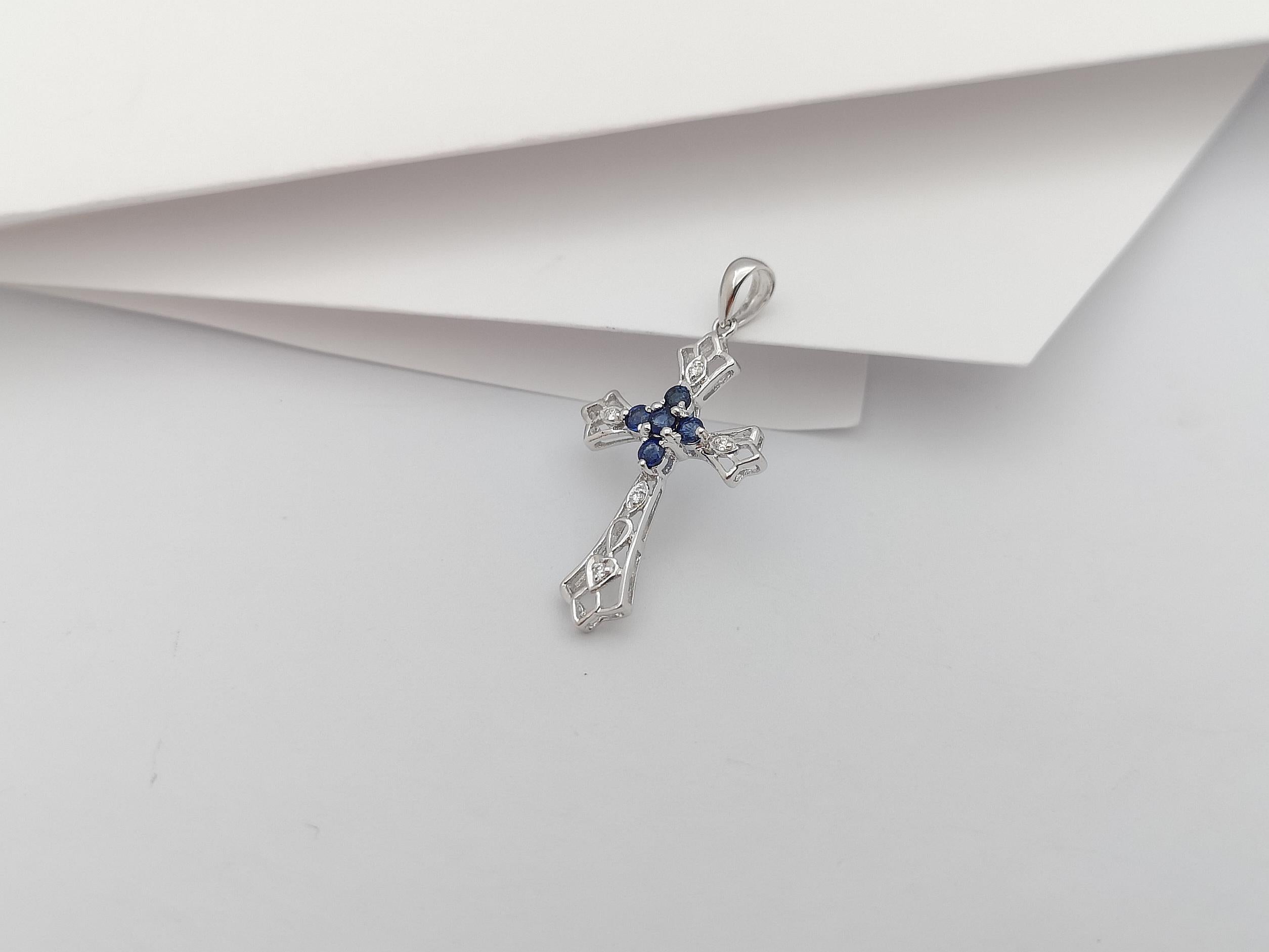Women's or Men's Blue Sapphire with Diamond Cross Pendant Set in 18 Karat White Gold Settings For Sale