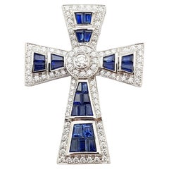 Blue Sapphire with Diamond Cross Pendant Set in 18 Karat White Gold Settings