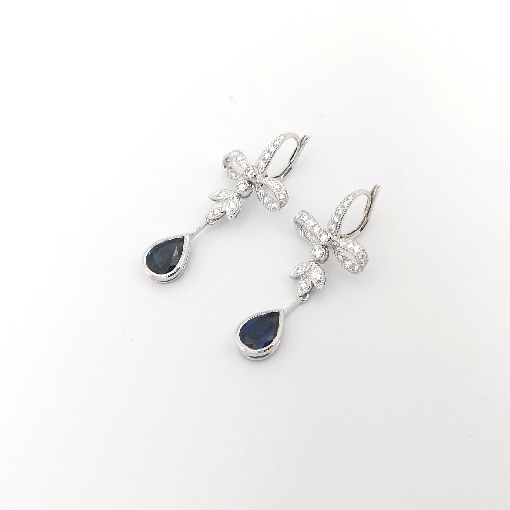 Art Deco Blue Sapphire with Diamond Earring set in 18 Karat White Gold Settings For Sale
