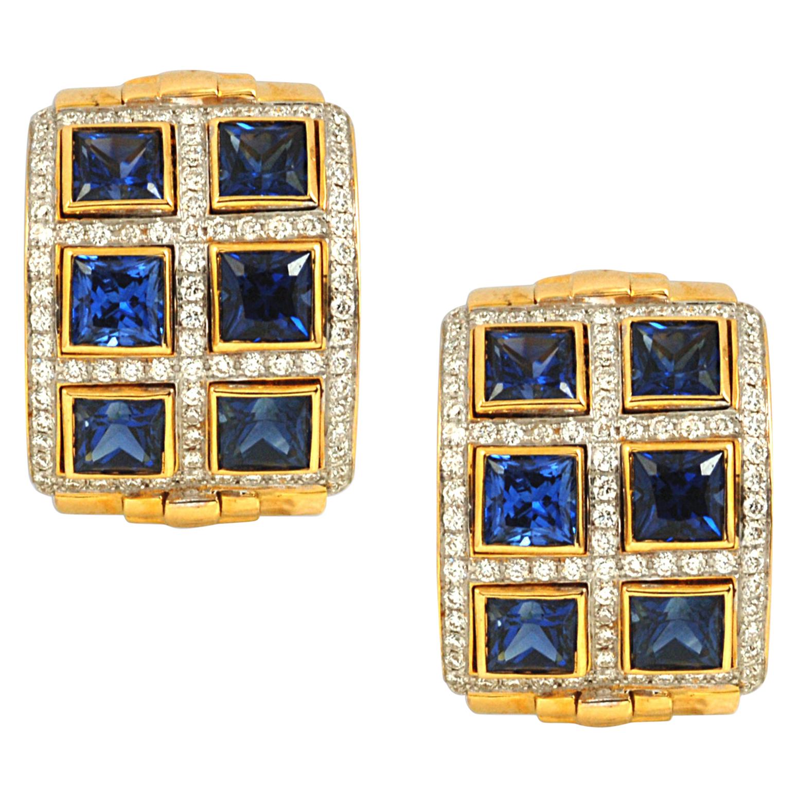 Blue Sapphire with Diamond Earrings in 18 Karat Gold Settings For Sale
