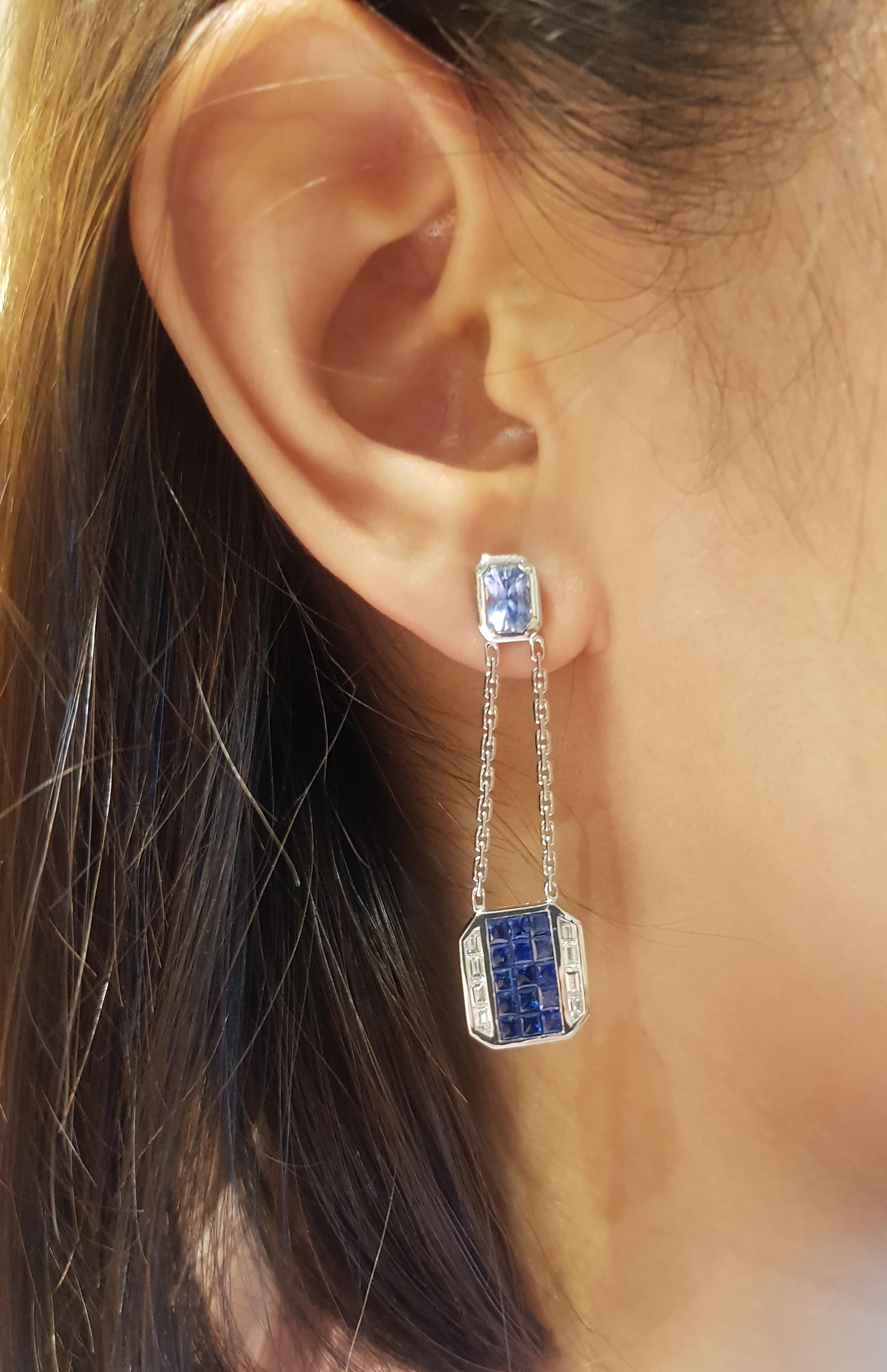 Contemporary Blue Sapphire with Diamond Earrings in 18 Karat White Gold by Kavant & Sharart For Sale