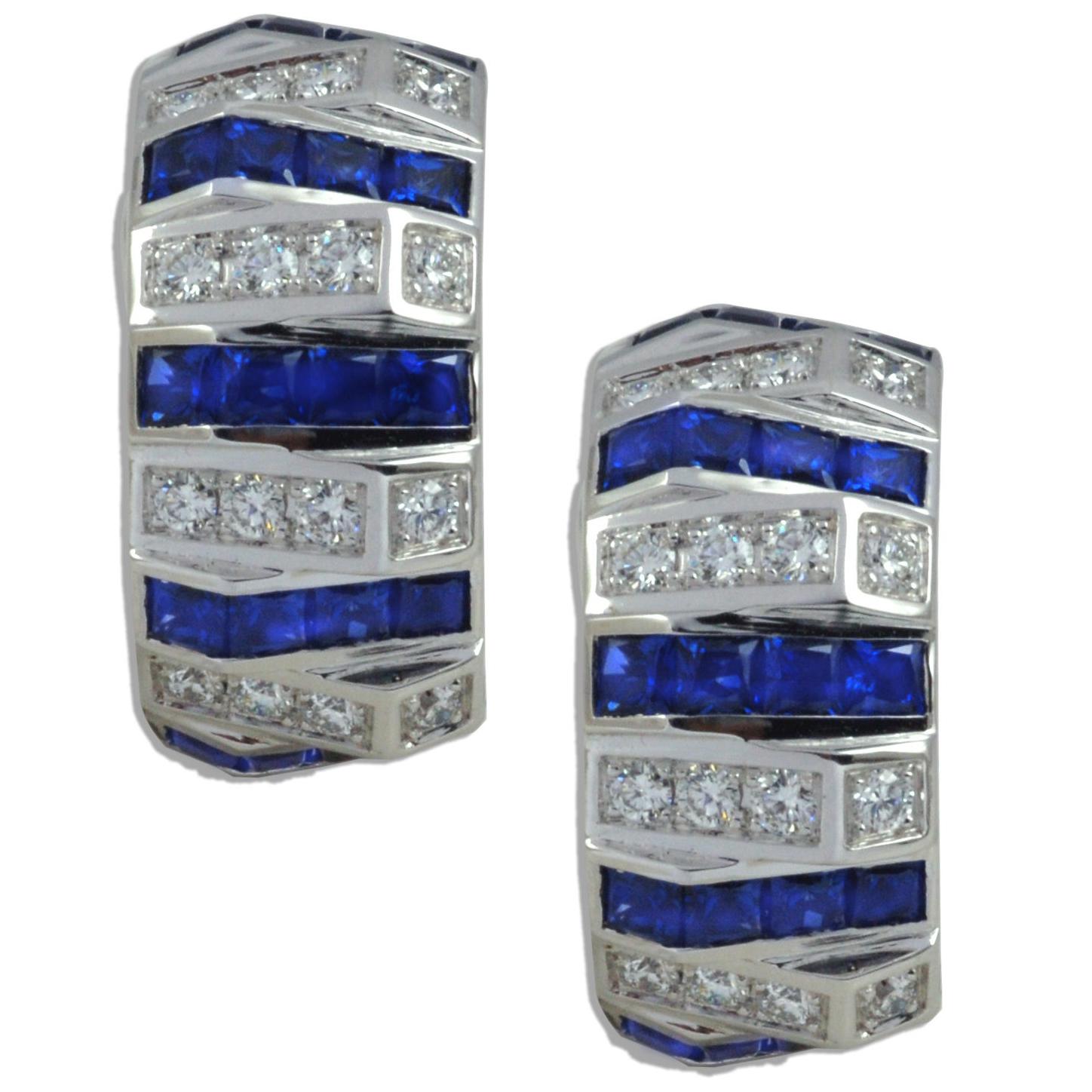 Blue Sapphire with Diamond Earrings in 18 Karat White Gold Settings For Sale