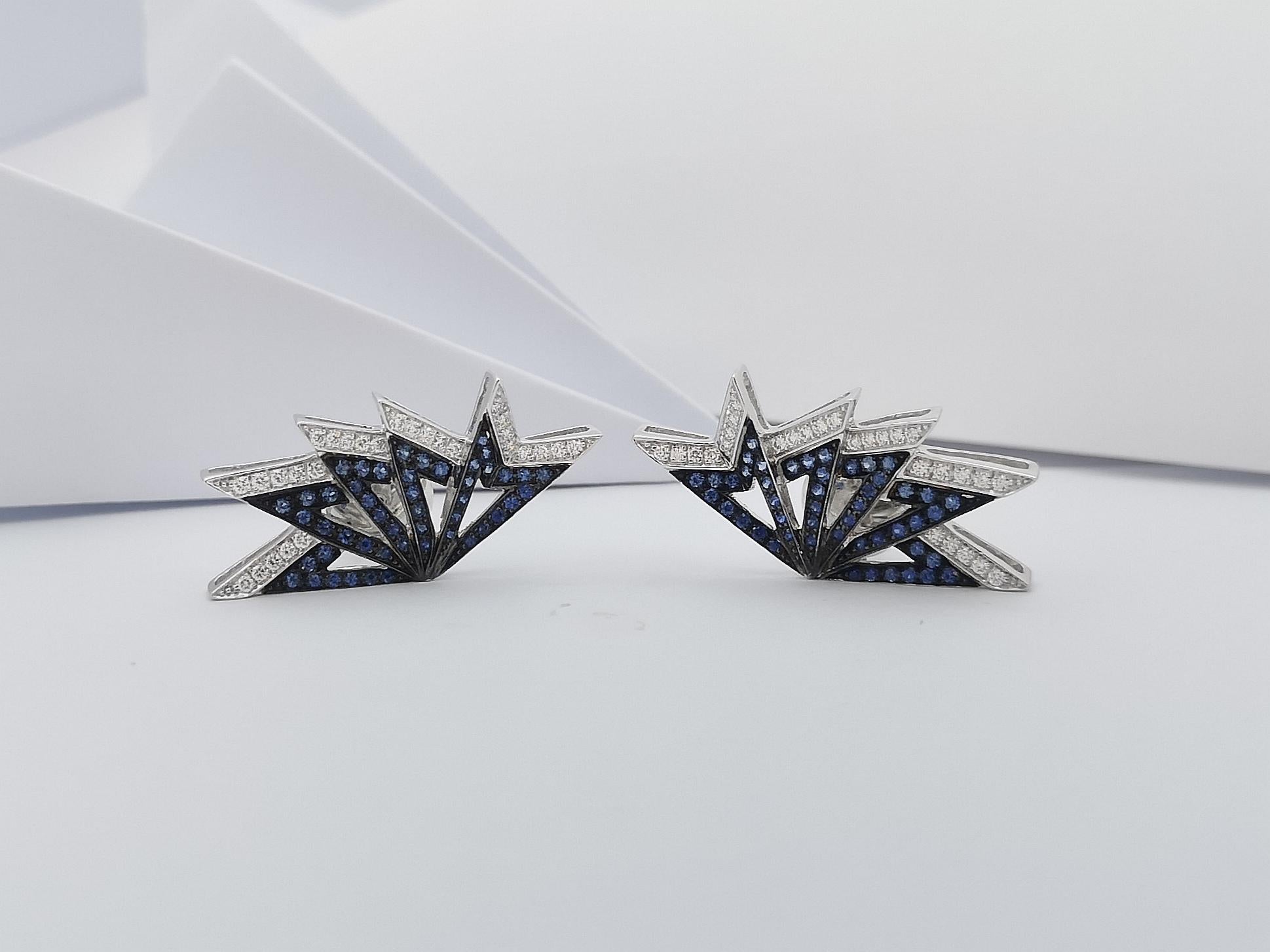 Brilliant Cut Blue Sapphire with Diamond Earrings in 18K White Gold by Kavant & Sharart For Sale