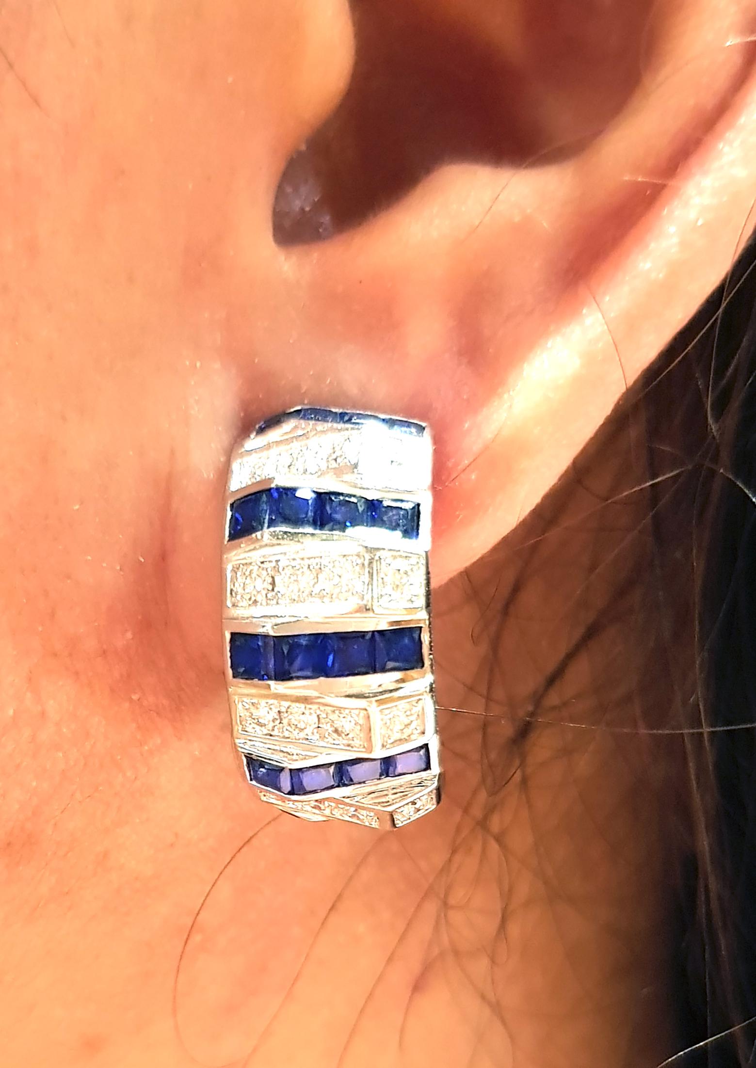 Square Cut Blue Sapphire with Diamond Earrings in 18 Karat White Gold Settings For Sale