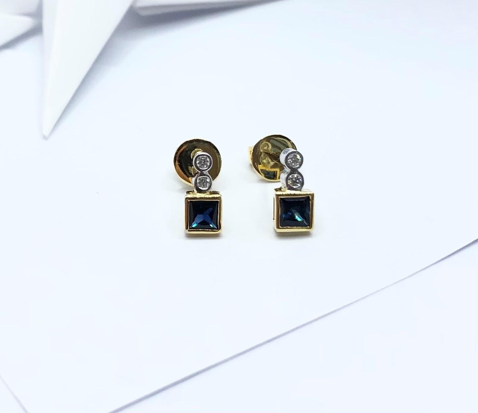 Blue Sapphire with Diamond Earrings Set in 18 Karat Gold Settings For Sale 4