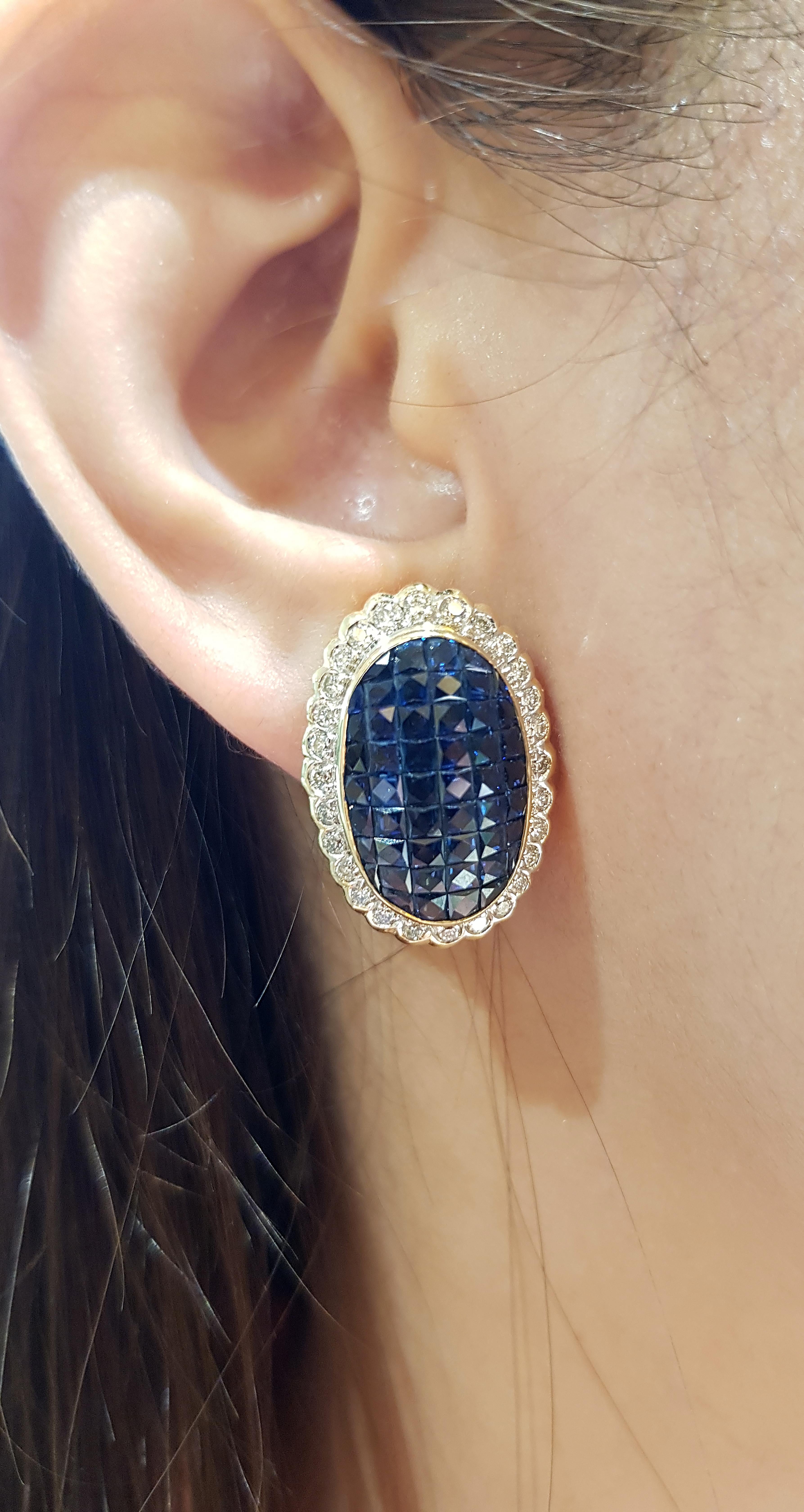 Blauer Saphir 9,09 Karat mit Diamant 0,99 Karat Ohrringe in 18 Karat Goldfassung

Breite: 1,7 cm 
Länge: 2,4 cm
Gesamtgewicht: 12,15 Gramm

