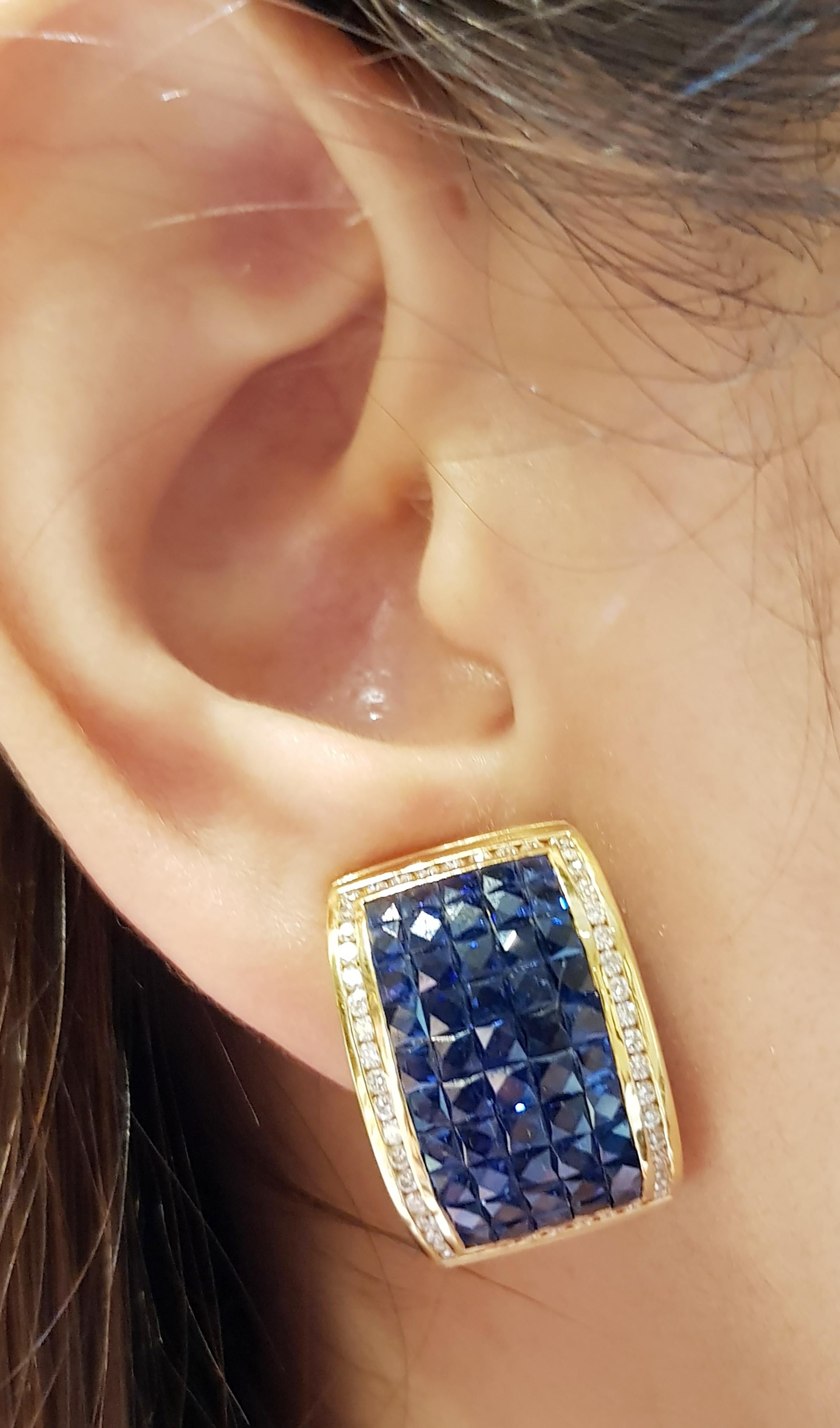 Blue Sapphire 8.64 carats with Diamond 0.78 carat Earrings set in 18 Karat Gold Settings

Width:  1.3 cm 
Length: 2.1 cm
Total Weight: 16.36 grams

