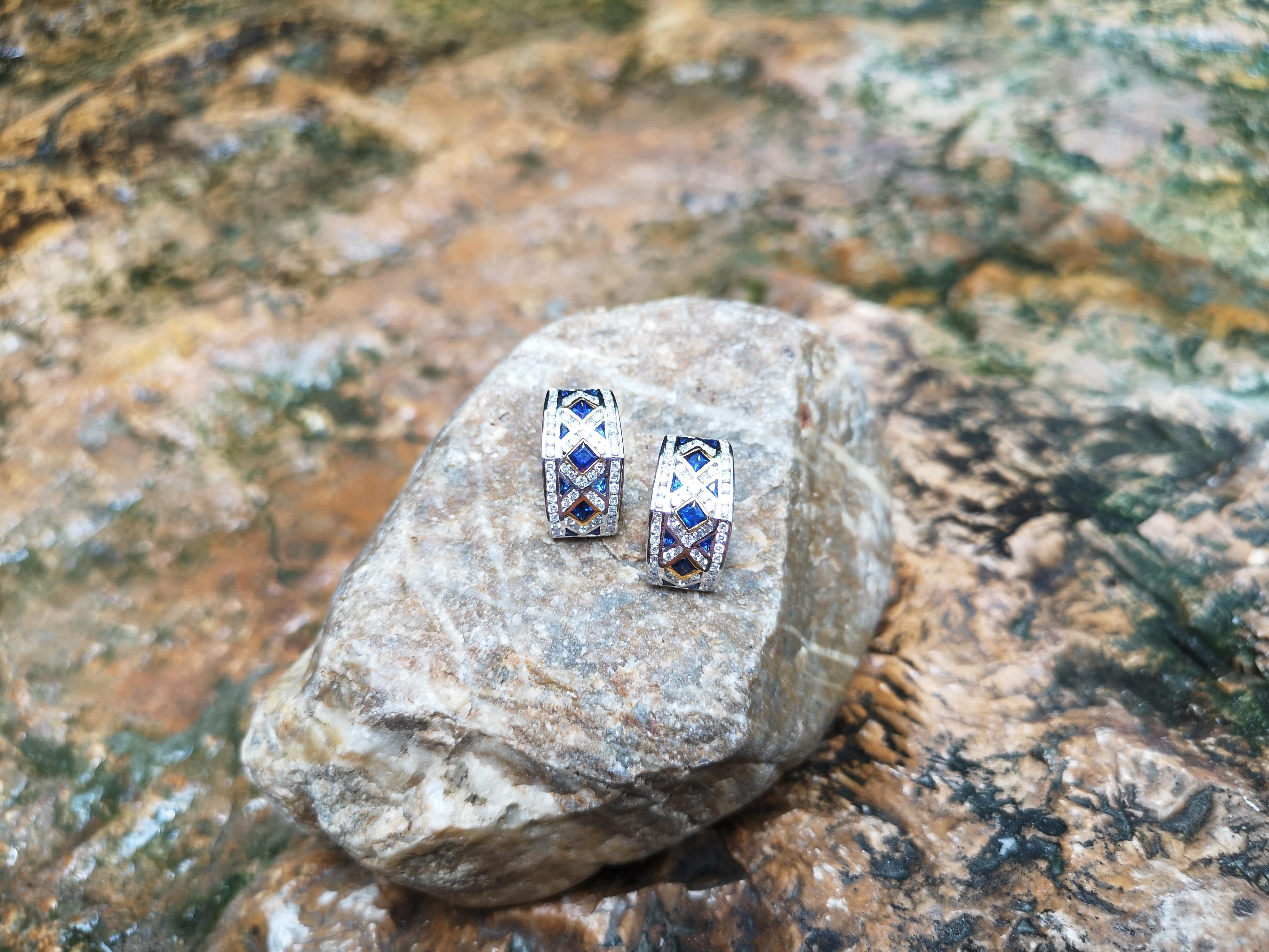 Mixed Cut Blue Sapphire with Diamond Earrings Set in 18 Karat Gold Settings For Sale