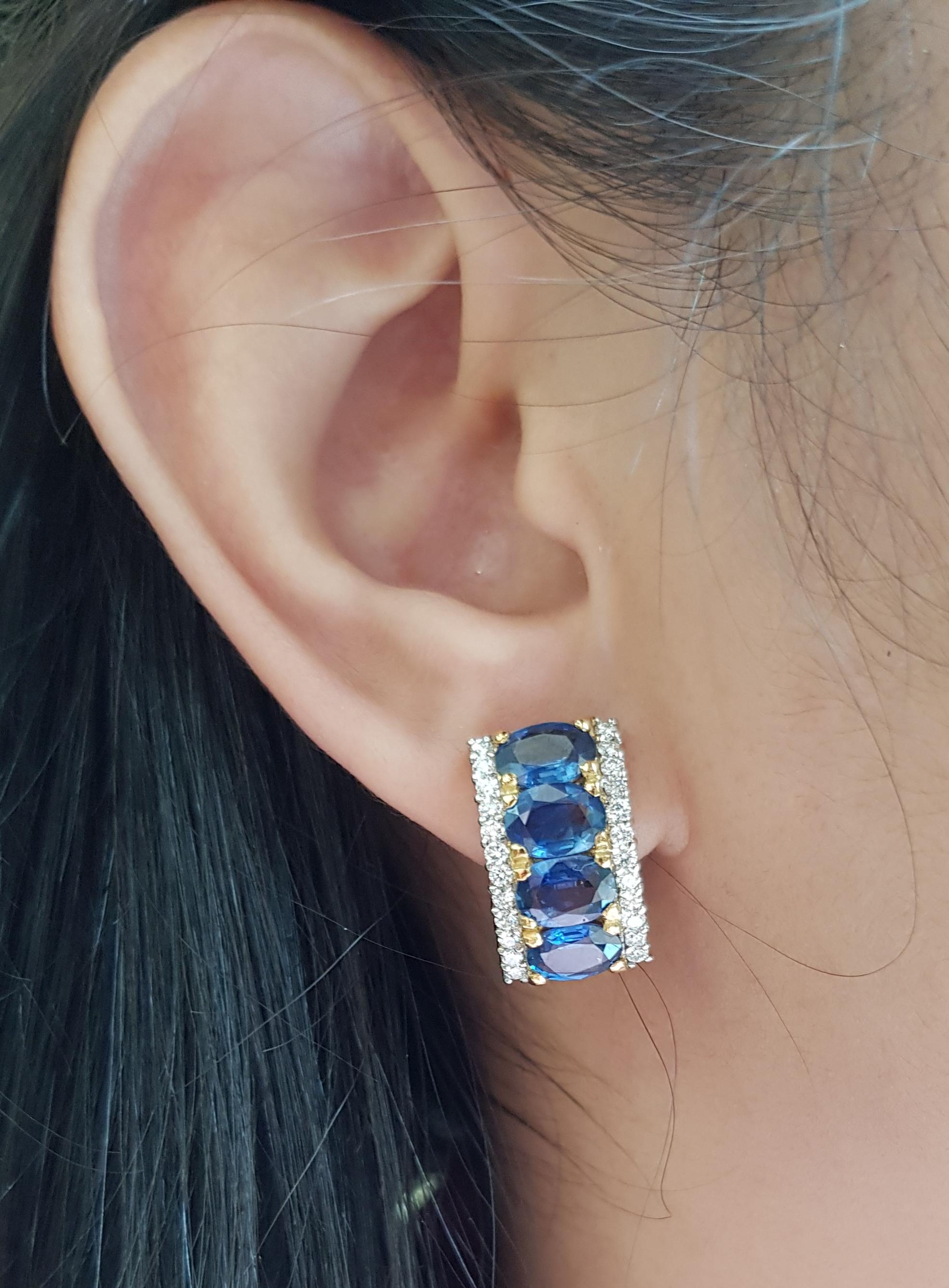 Blauer Saphir mit Diamant-Ohrringen in 18 Karat Goldfassung (Ovalschliff) im Angebot