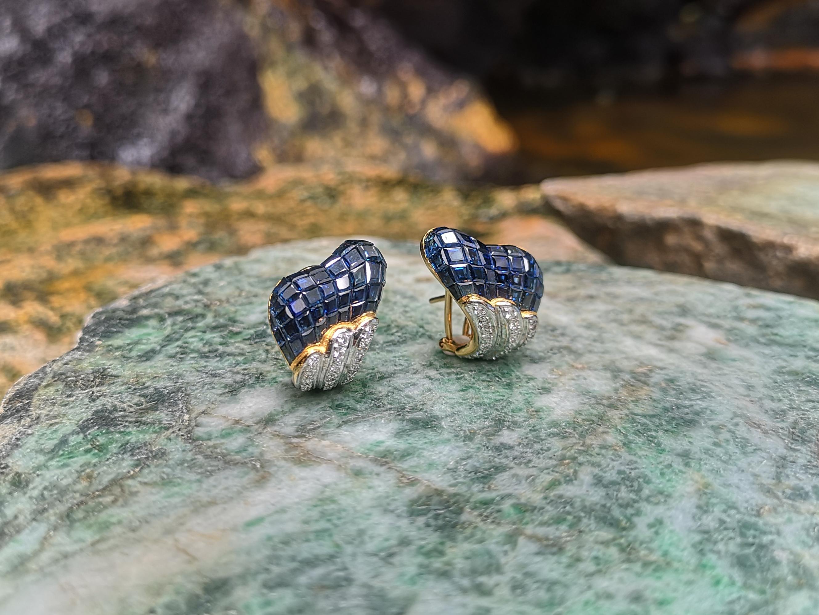 Ohrringe mit blauem Saphir und Diamanten in 18 Karat Goldfassungen gefasst (Gemischter Schliff) im Angebot
