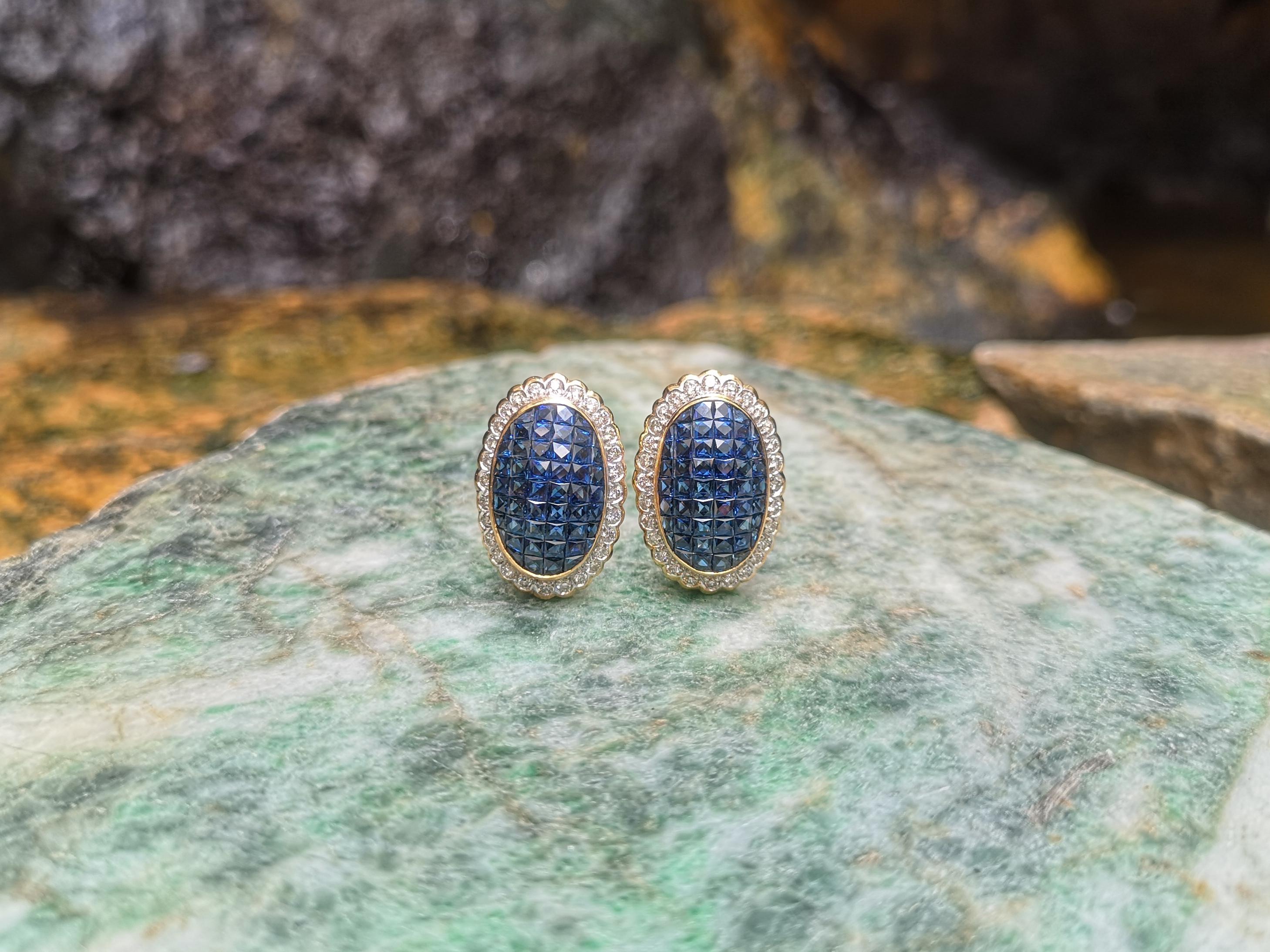 Mixed Cut Blue Sapphire with Diamond Earrings Set in 18 Karat Gold Settings For Sale