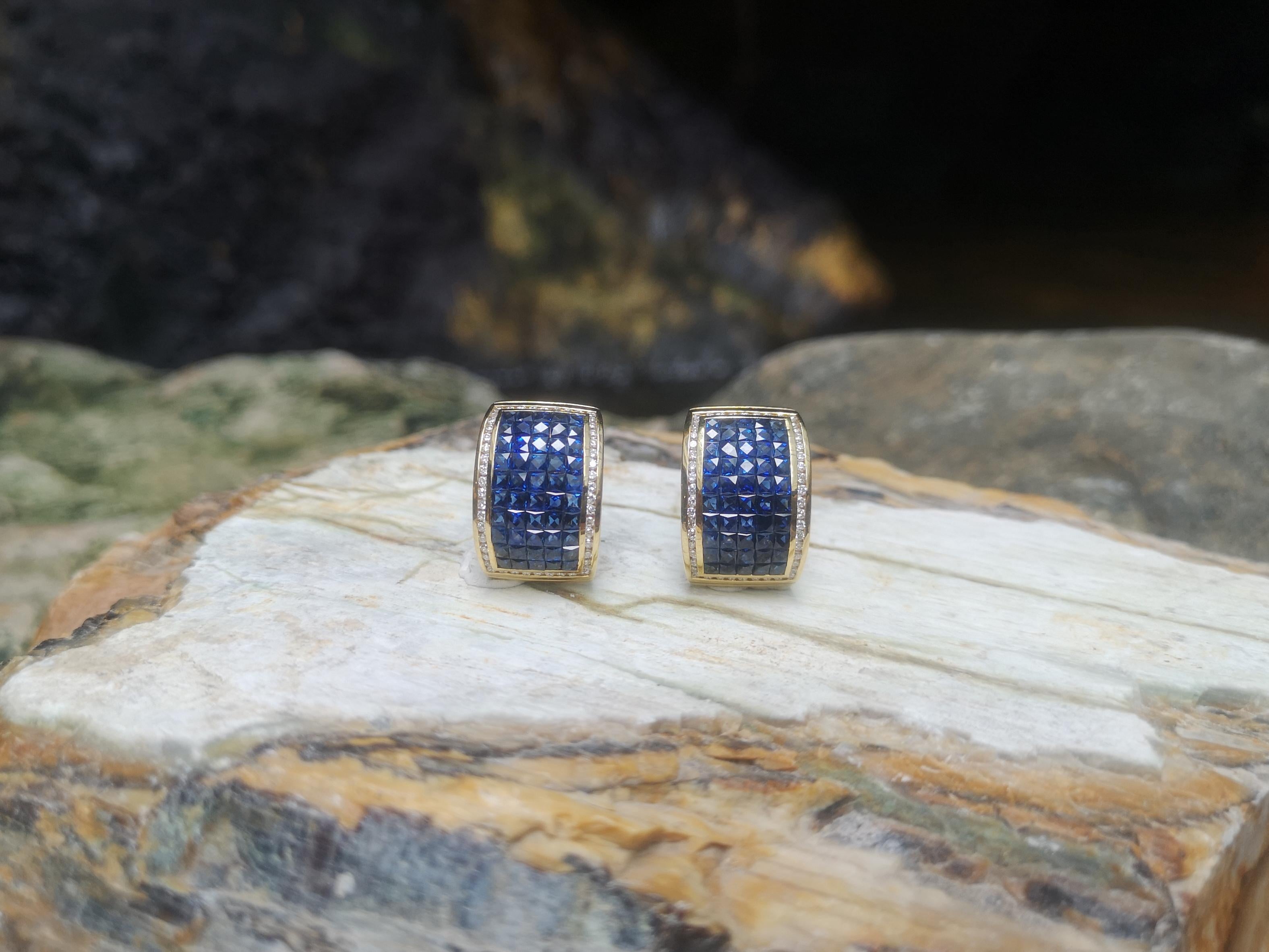 Mixed Cut Blue Sapphire with Diamond Earrings Set in 18 Karat Gold Settings For Sale