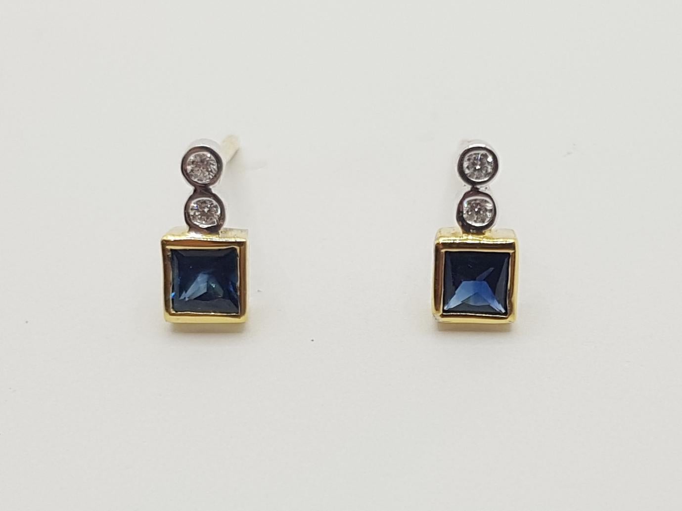 Contemporary Blue Sapphire with Diamond Earrings Set in 18 Karat Gold Settings For Sale