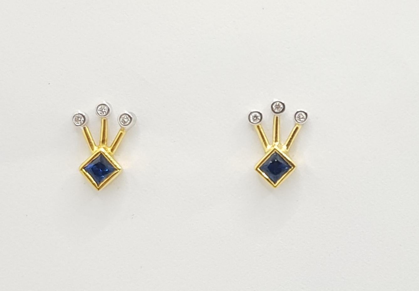 Contemporary Blue Sapphire with Diamond Earrings Set in 18 Karat Gold Settings For Sale