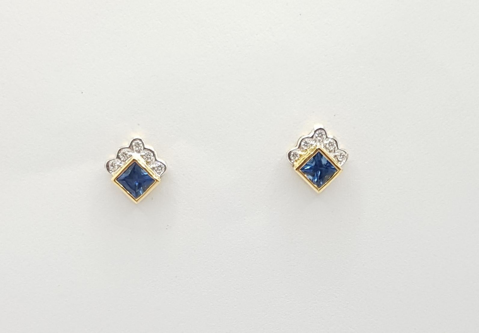 Contemporary Blue Sapphire with Diamond Earrings Set in 18 Karat Gold Settings For Sale