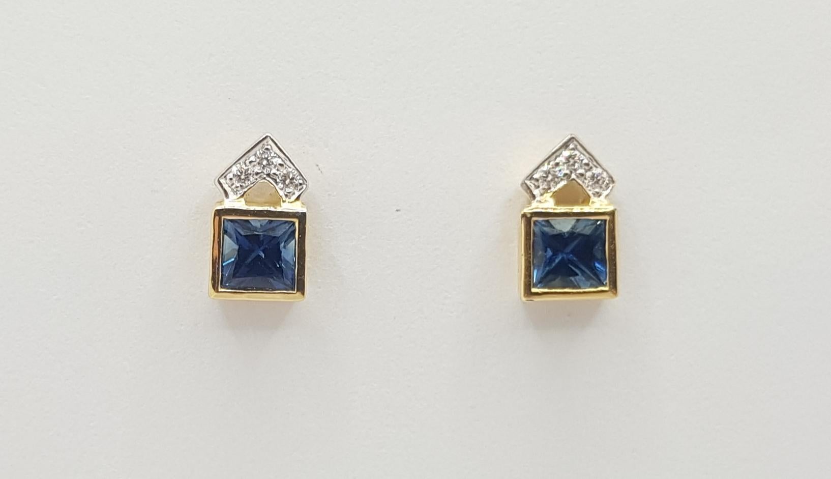 Contemporary Blue Sapphire with Diamond Earrings Set in 18 Karat Gold Settings For Sale