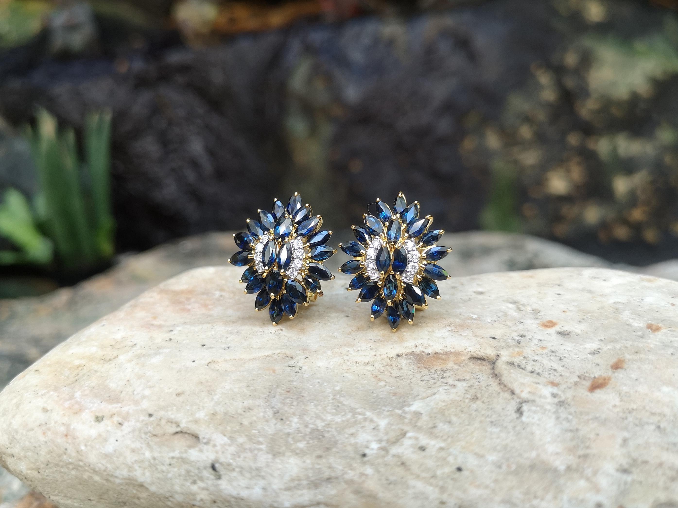 Marquise Cut Blue Sapphire with Diamond Earrings set in 18 Karat Gold Settings For Sale