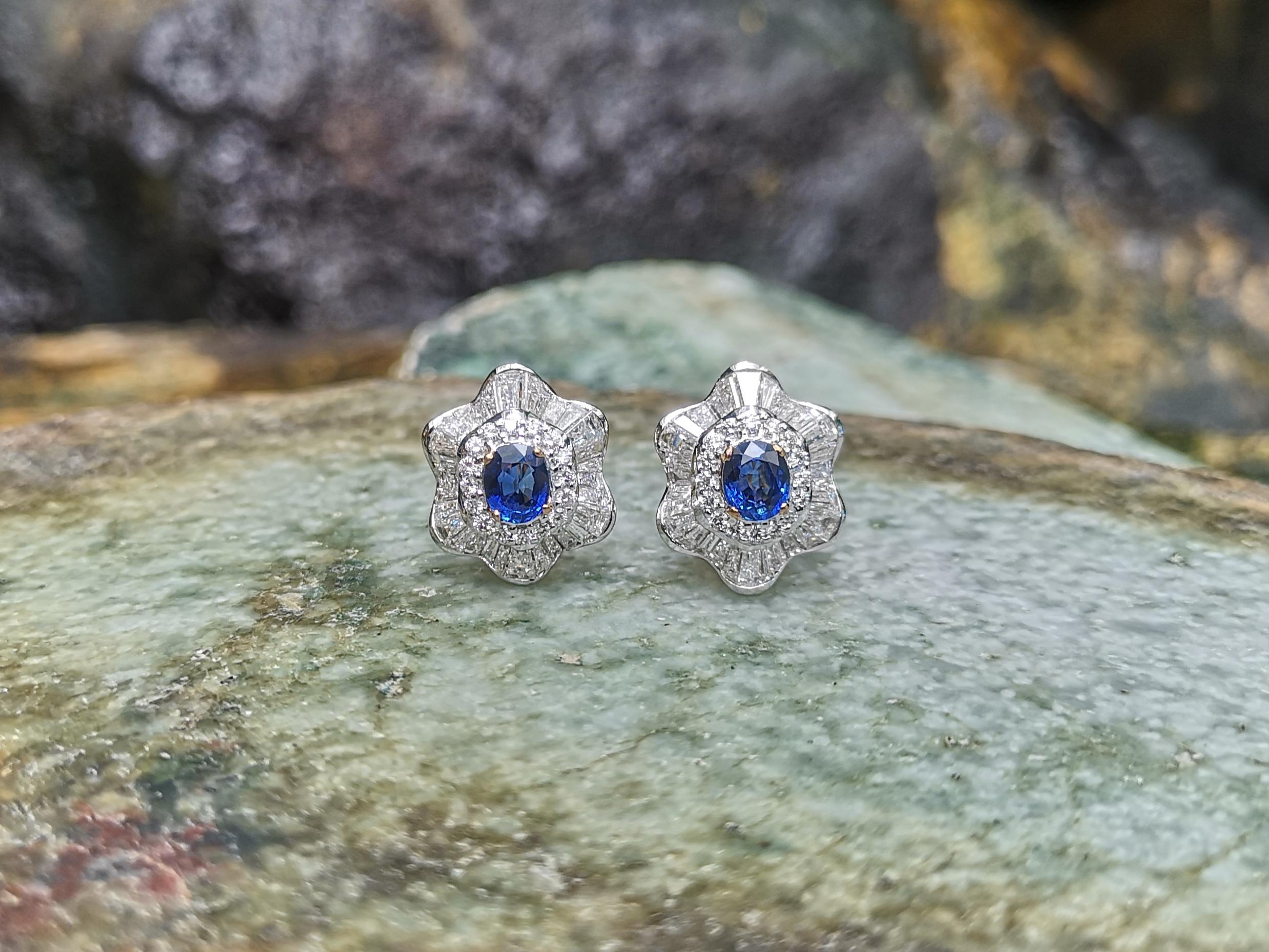 Mixed Cut Blue Sapphire with Diamond Earrings set in 18 Karat Gold Settings For Sale