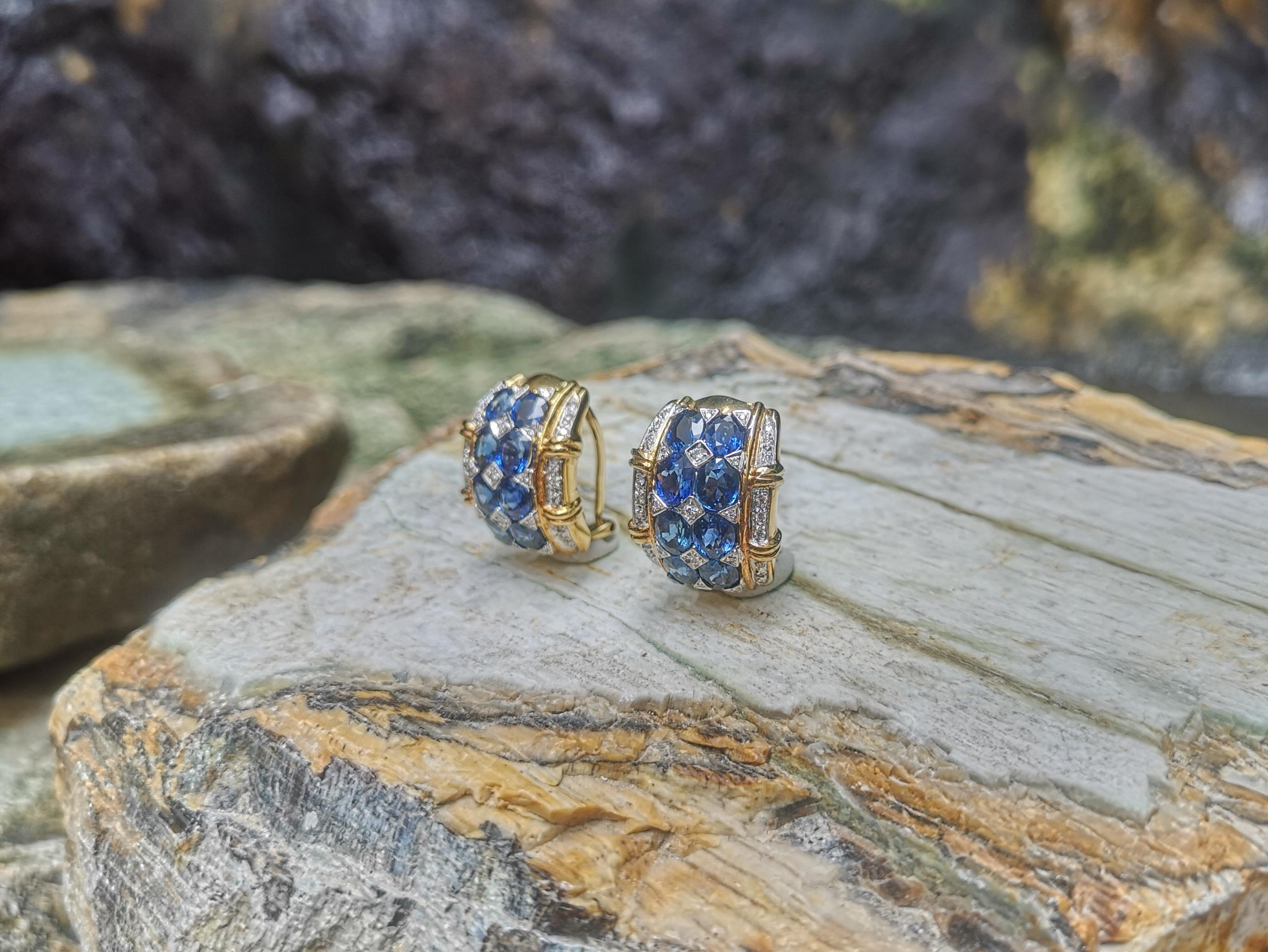 Oval Cut Blue Sapphire with Diamond Earrings set in 18 Karat Gold Settings For Sale