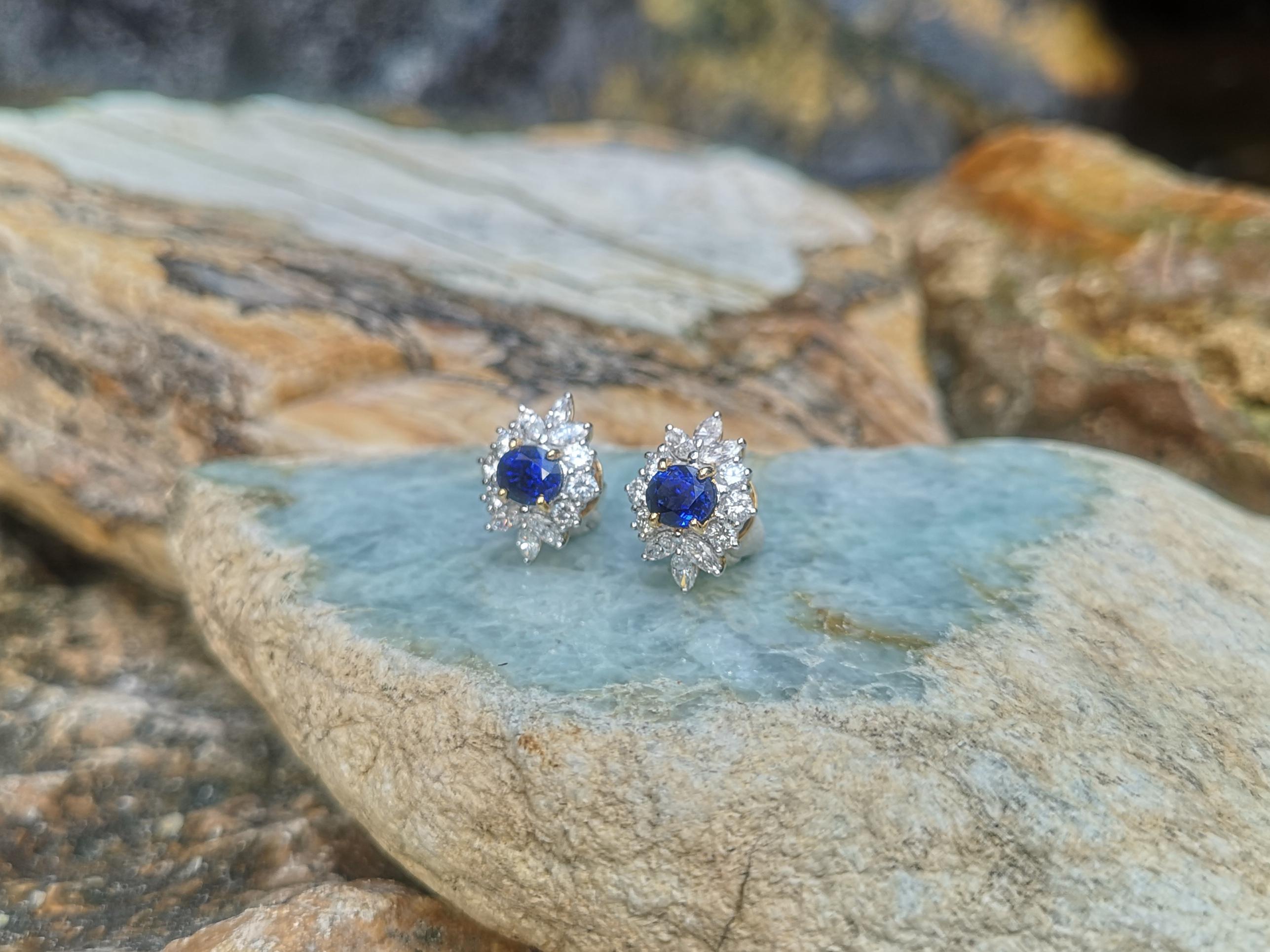 Mixed Cut Blue Sapphire with Diamond Earrings set in 18 Karat Gold Settings For Sale
