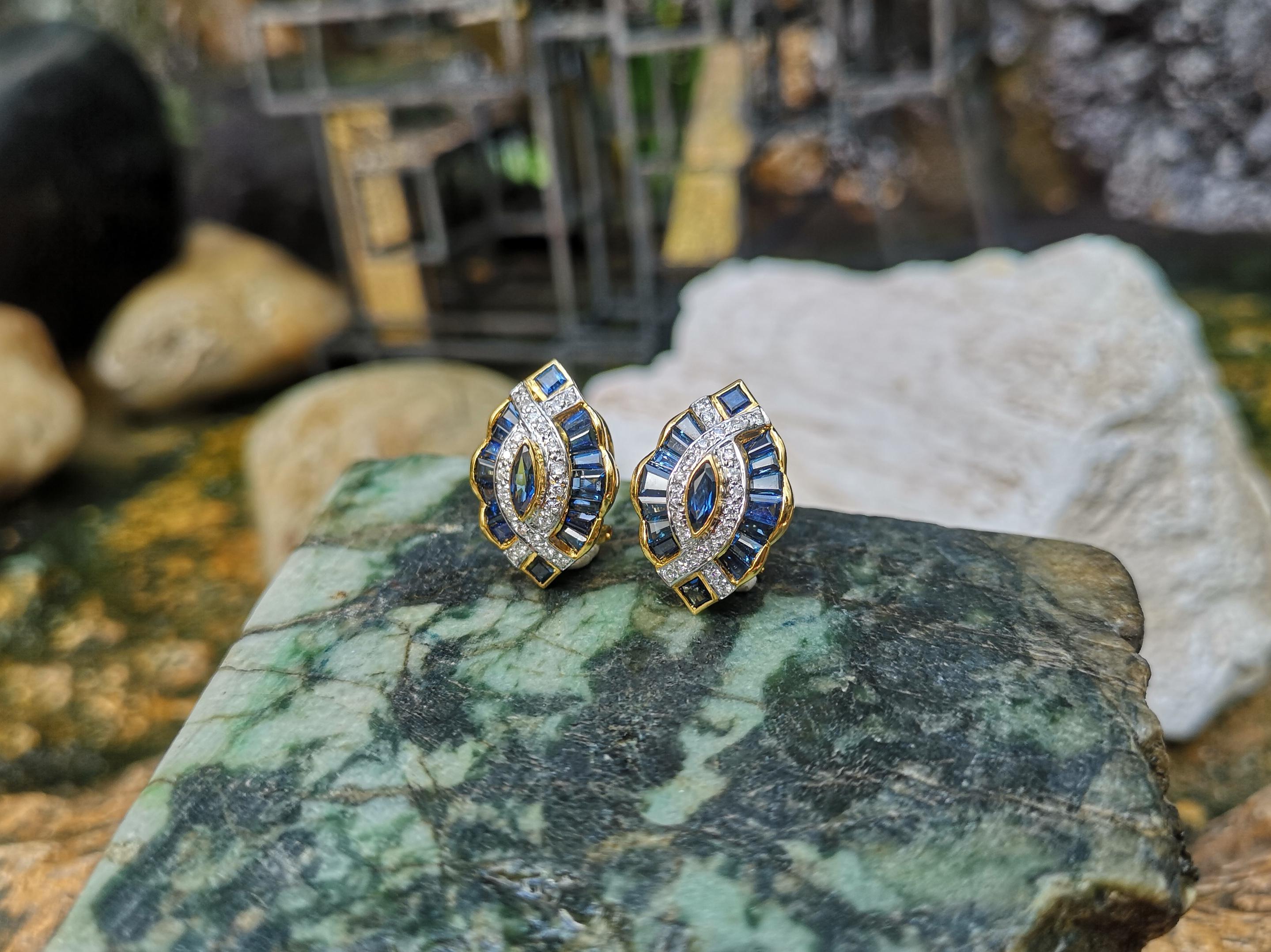 Art Deco Blue Sapphire with Diamond Earrings Set in 18 Karat Gold Settings For Sale