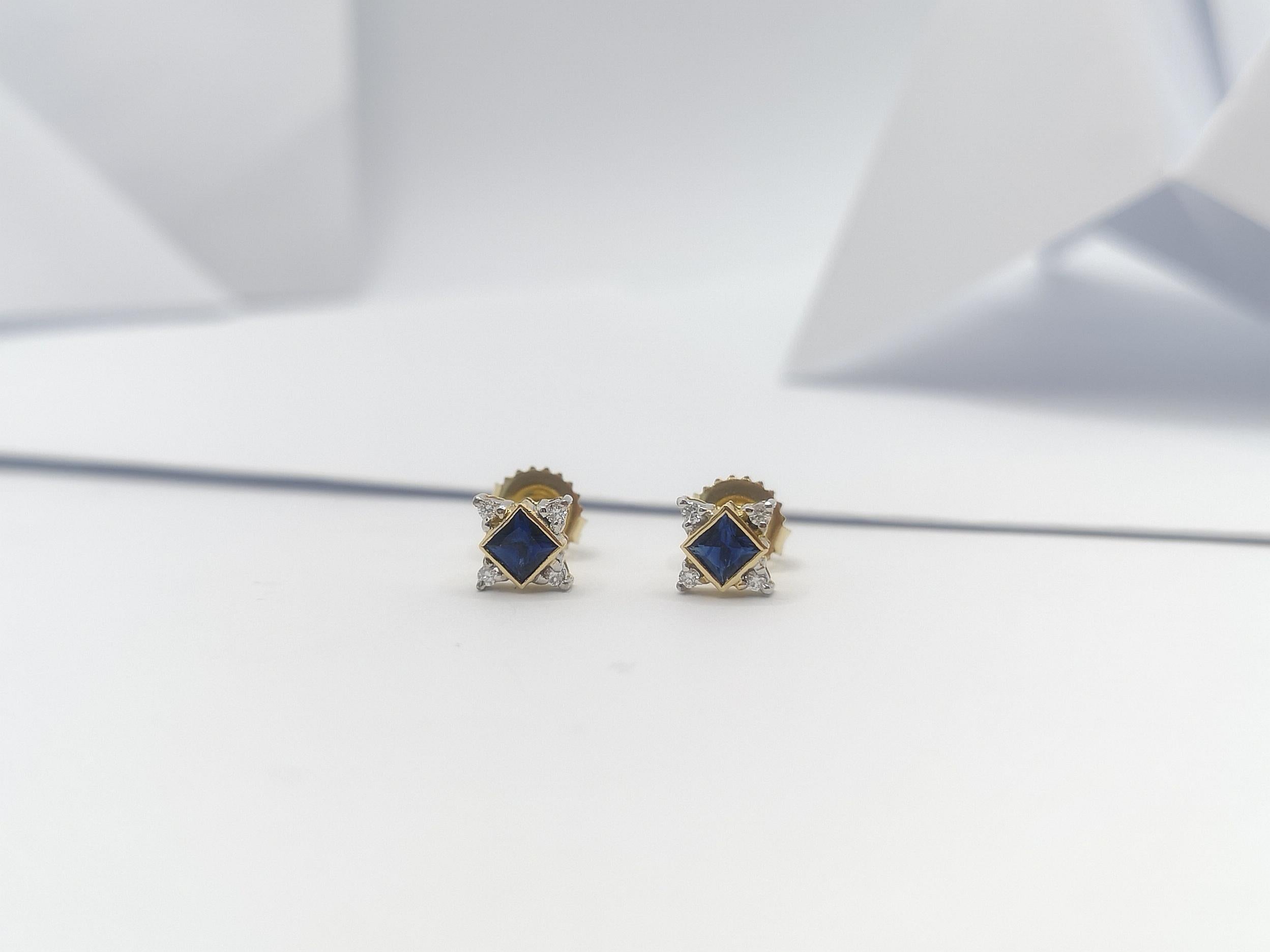 Princess Cut Blue Sapphire with Diamond Earrings Set in 18 Karat Gold Settings For Sale