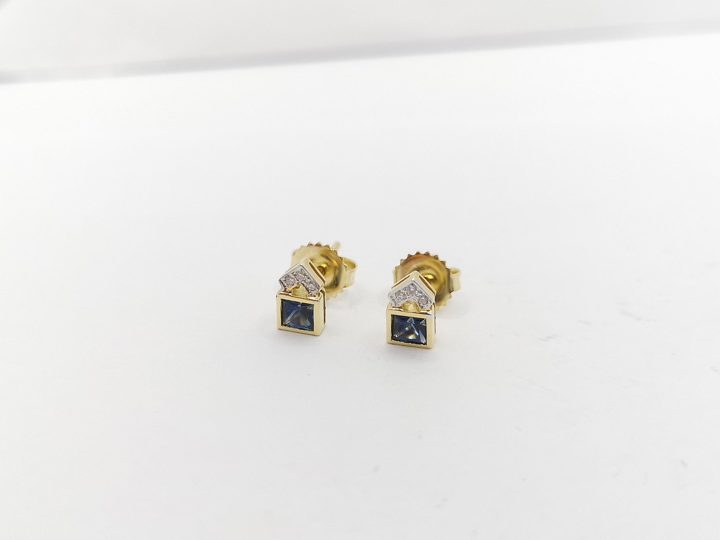 Princess Cut Blue Sapphire with Diamond Earrings Set in 18 Karat Gold Settings For Sale
