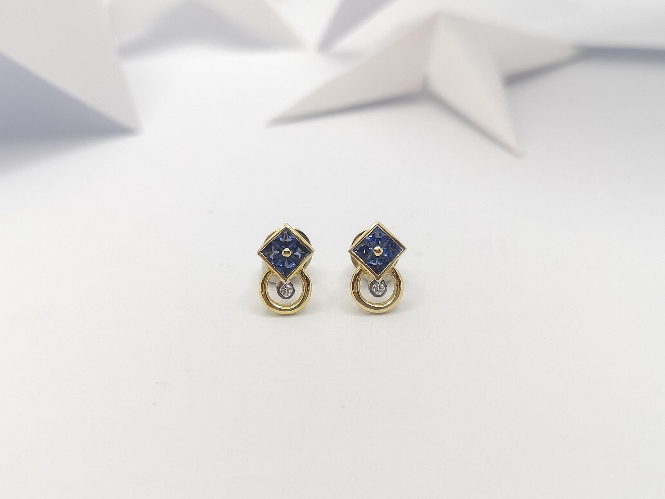 Contemporary Blue Sapphire with Diamond Earrings Set in 18 Karat Gold Settings For Sale