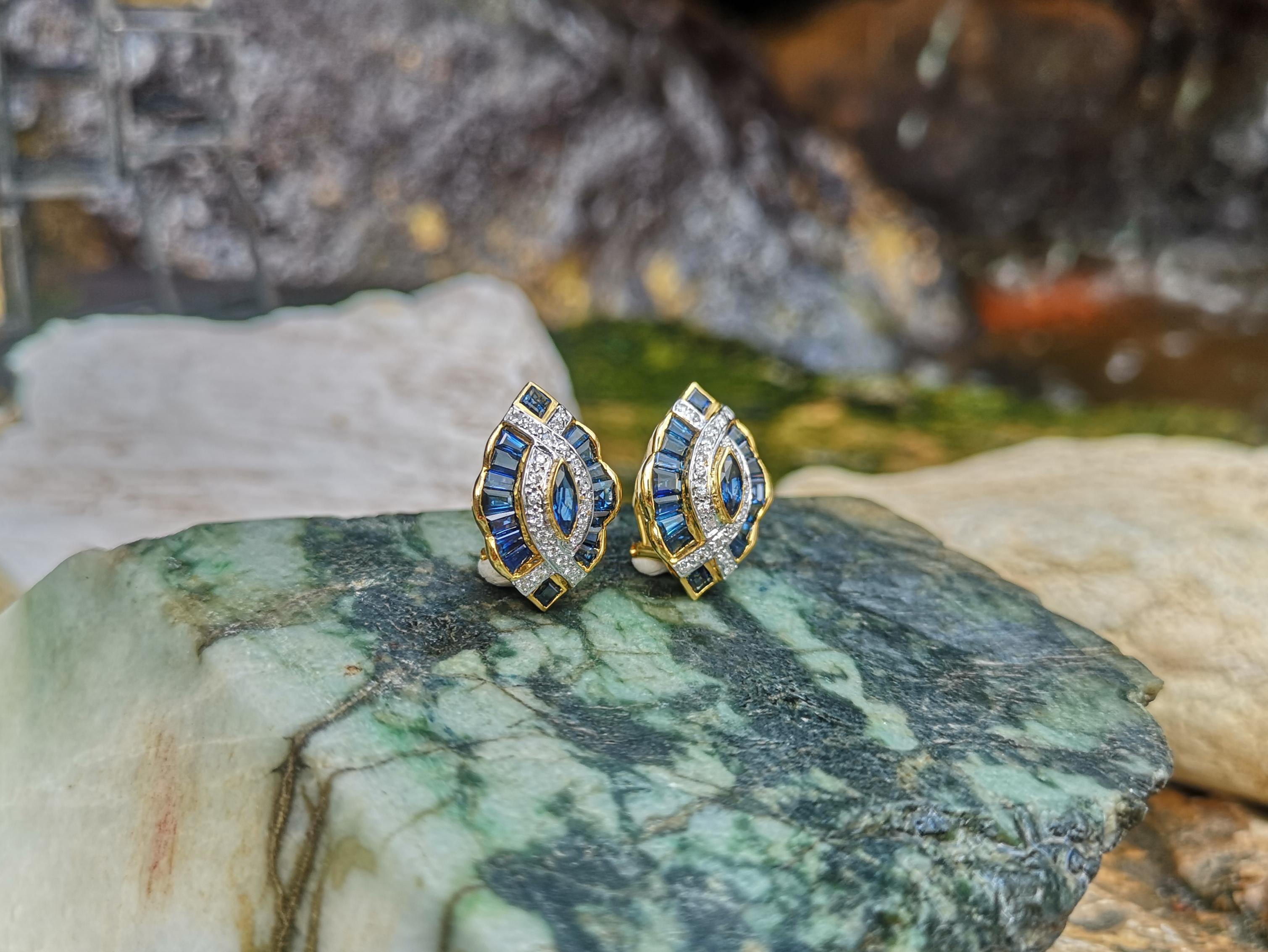 Mixed Cut Blue Sapphire with Diamond Earrings Set in 18 Karat Gold Settings For Sale