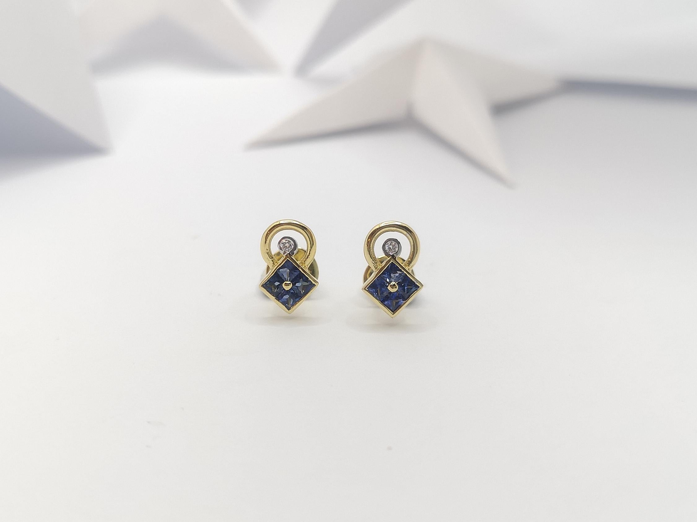 Princess Cut Blue Sapphire with Diamond Earrings Set in 18 Karat Gold Settings For Sale
