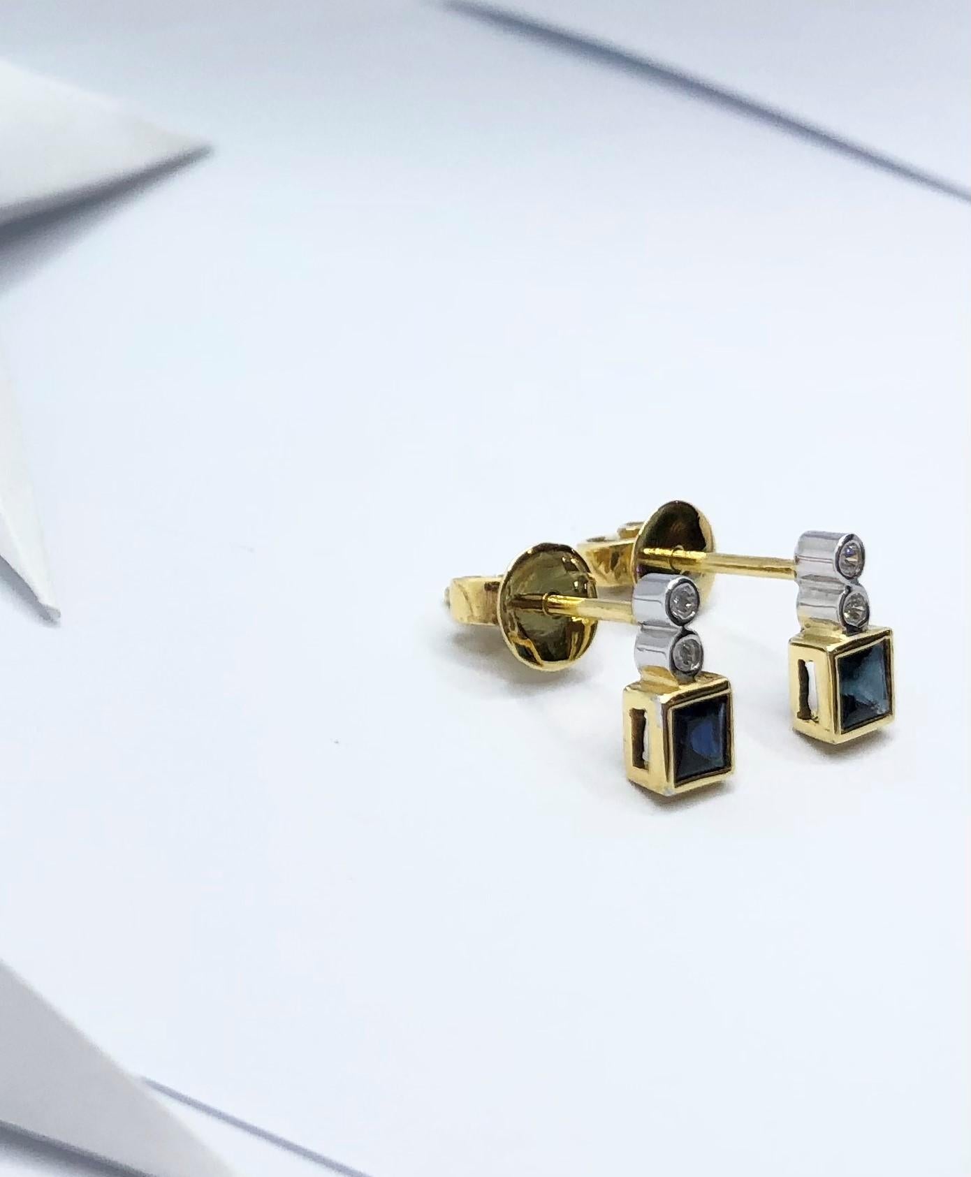 Orecchini con zaffiro blu e diamante con montatura in oro 18 carati in vendita 1