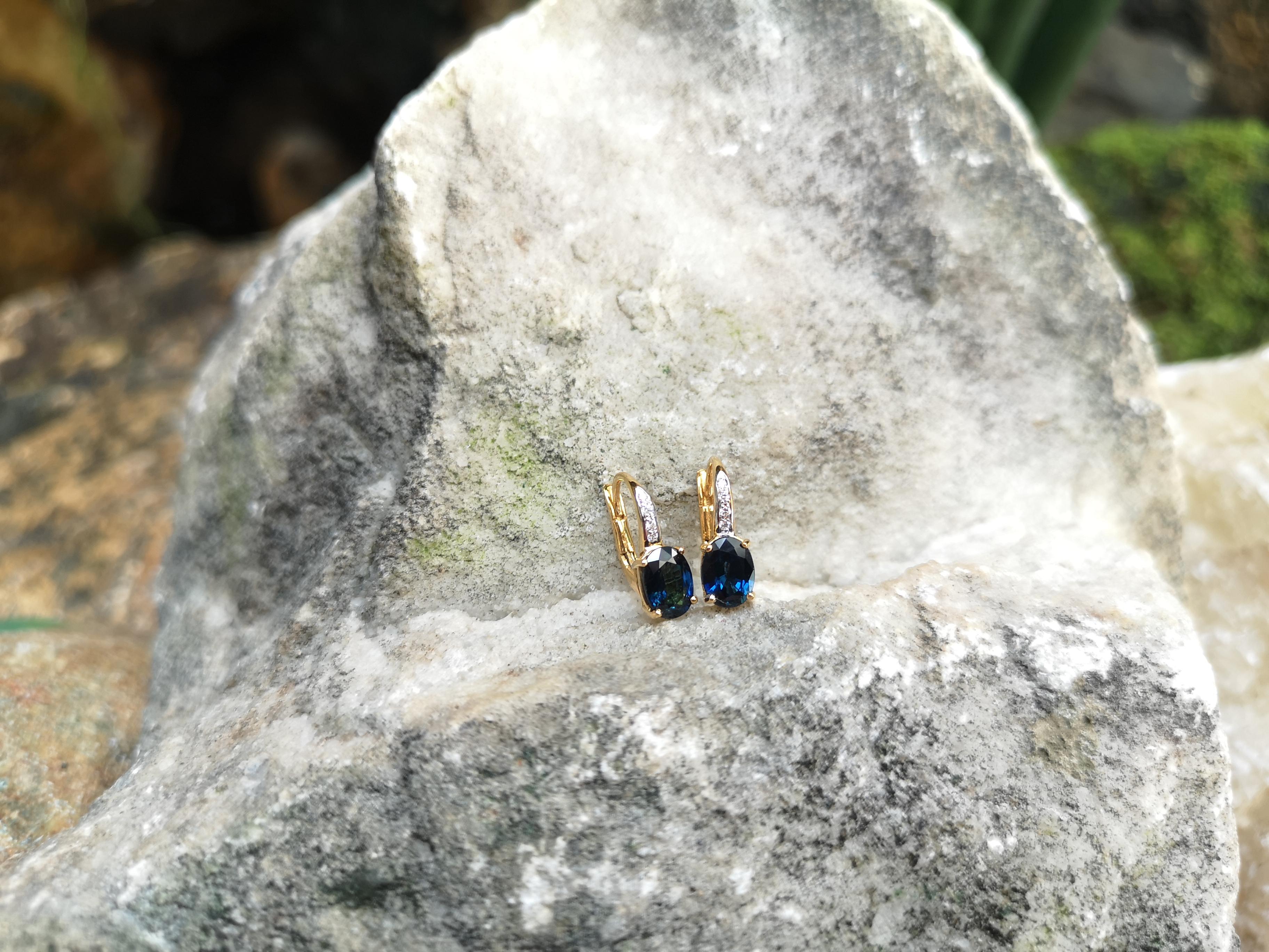 Blue Sapphire with Diamond Earrings Set in 18 Karat Gold Settings For Sale 2