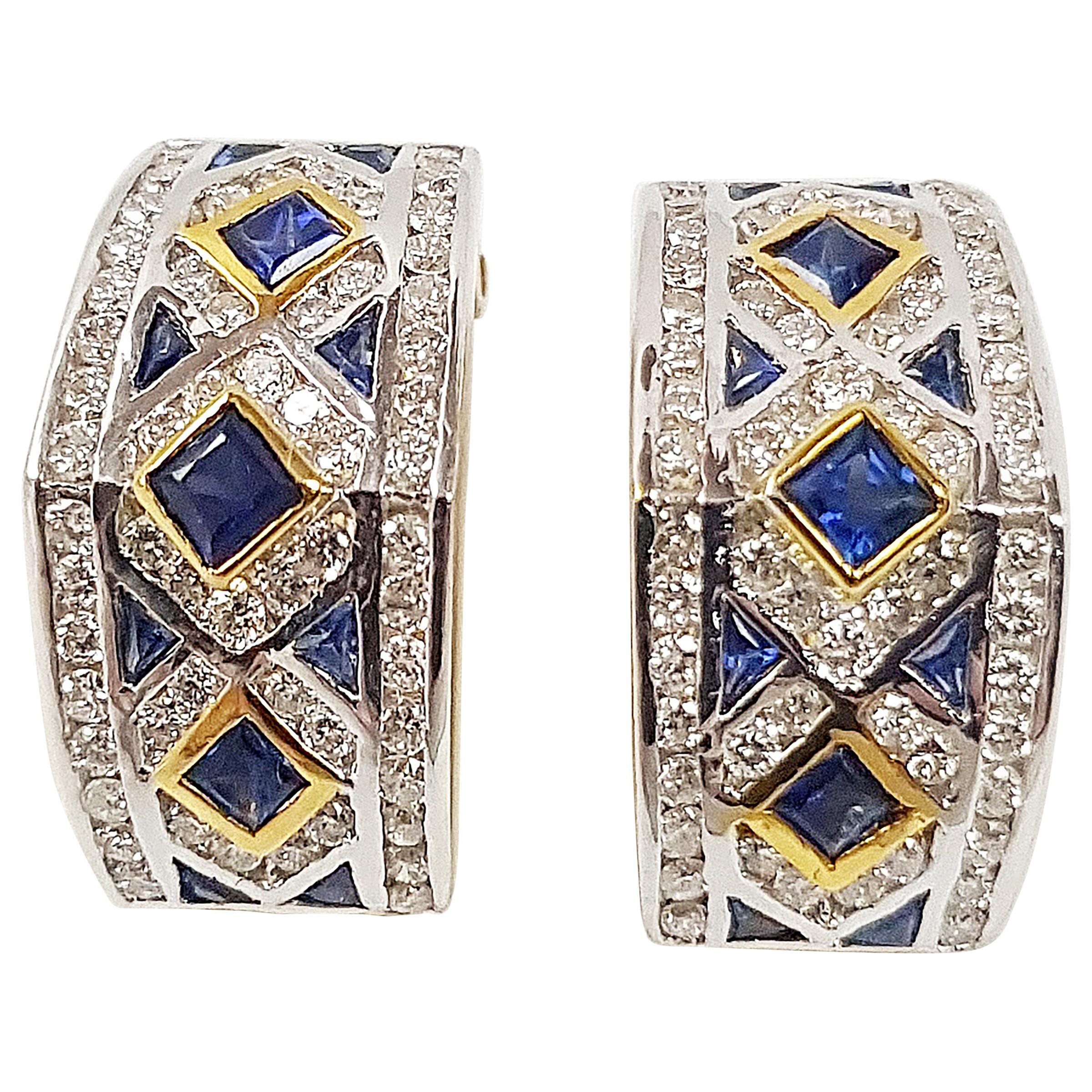 Blue Sapphire with Diamond Earrings Set in 18 Karat Gold Settings