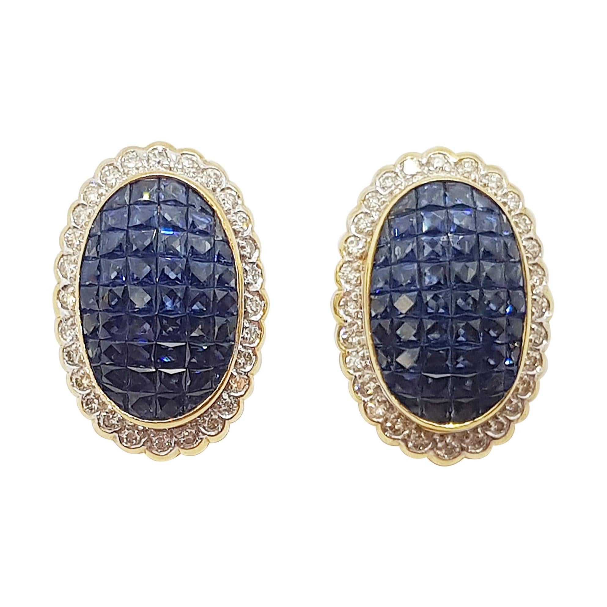 Blue Sapphire with Diamond Earrings Set in 18 Karat Gold Settings For Sale