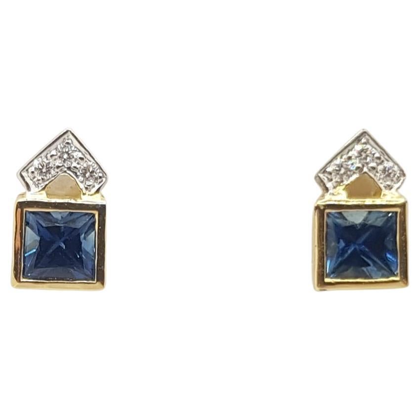 Blue Sapphire with Diamond Earrings Set in 18 Karat Gold Settings For Sale