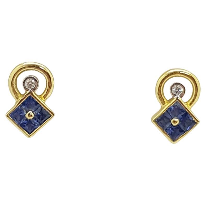 Blue Sapphire with Diamond Earrings Set in 18 Karat Gold Settings For Sale
