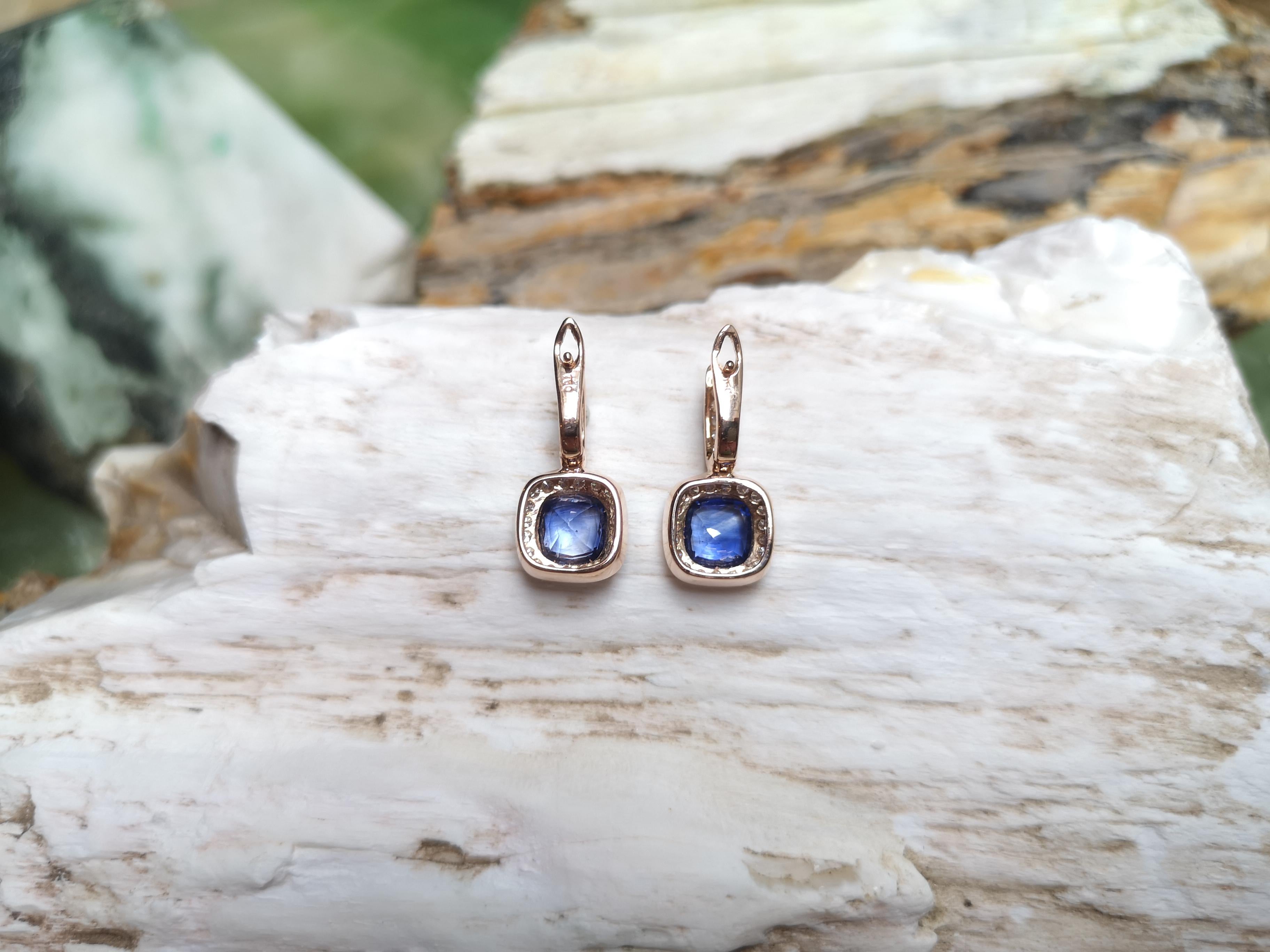 Cushion Cut Blue Sapphire with Diamond Earrings Set in 18 Karat Rose Gold Settings For Sale