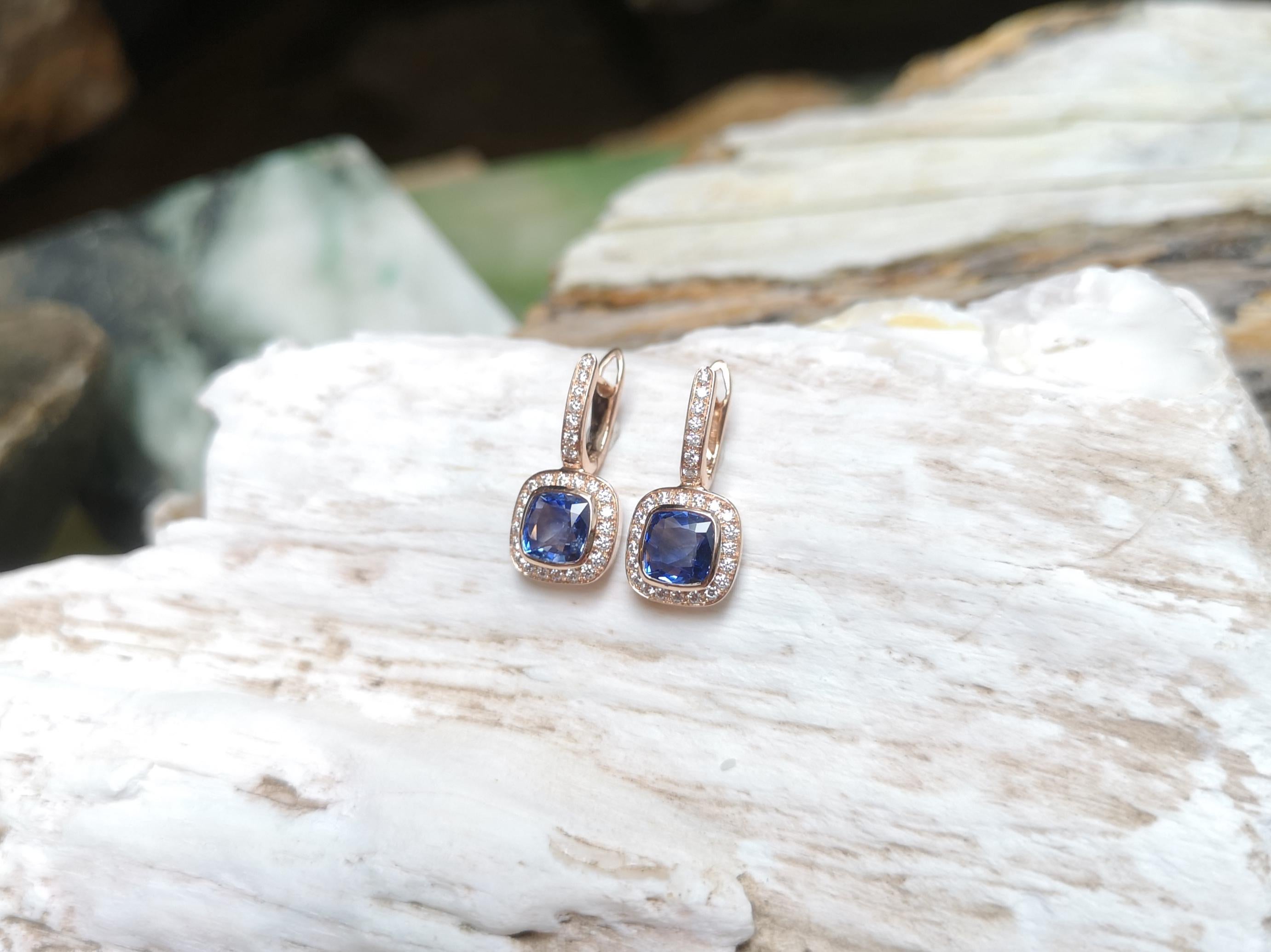 Blue Sapphire with Diamond Earrings Set in 18 Karat Rose Gold Settings For Sale 1