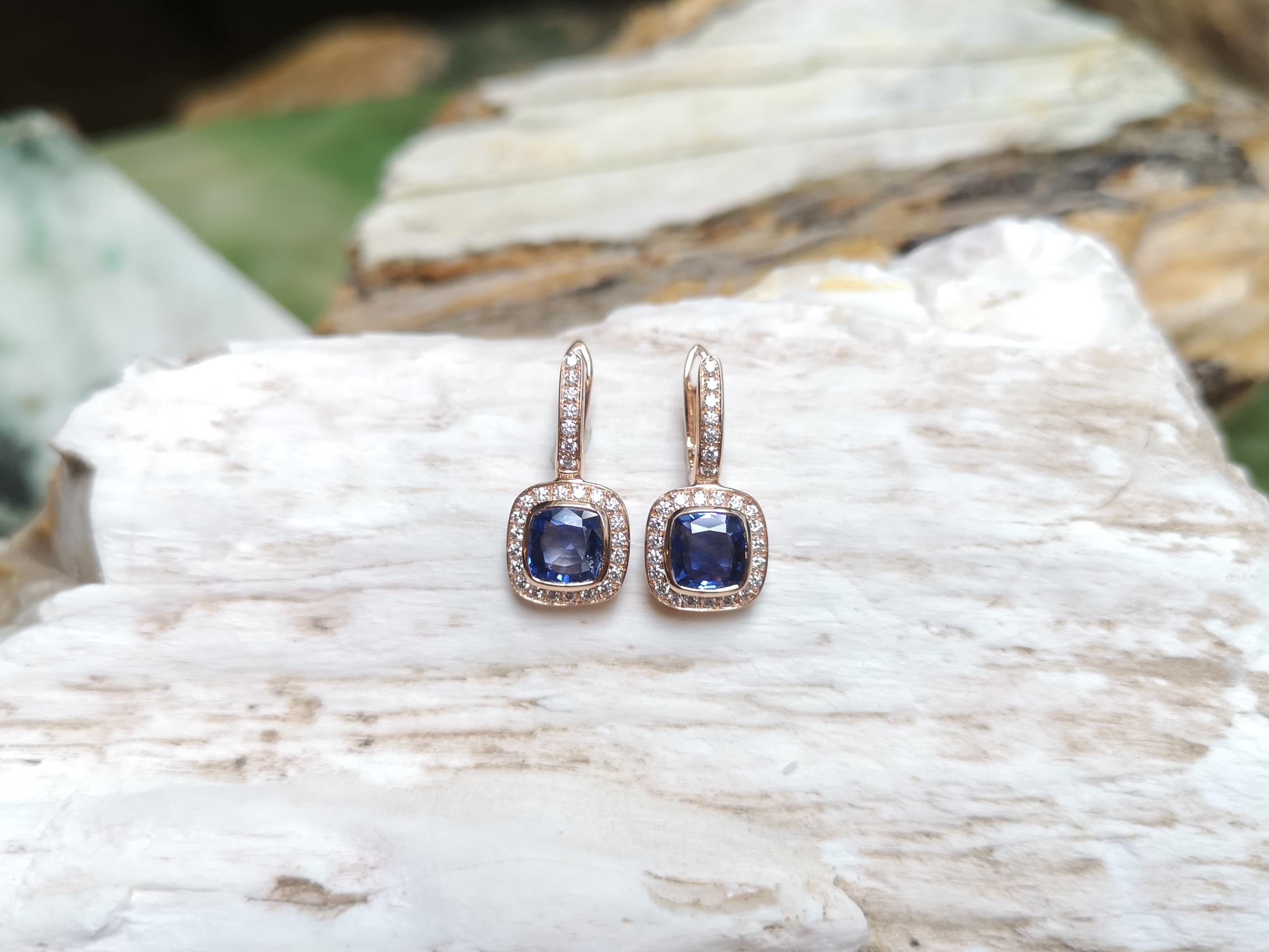 Blue Sapphire with Diamond Earrings Set in 18 Karat Rose Gold Settings For Sale 3