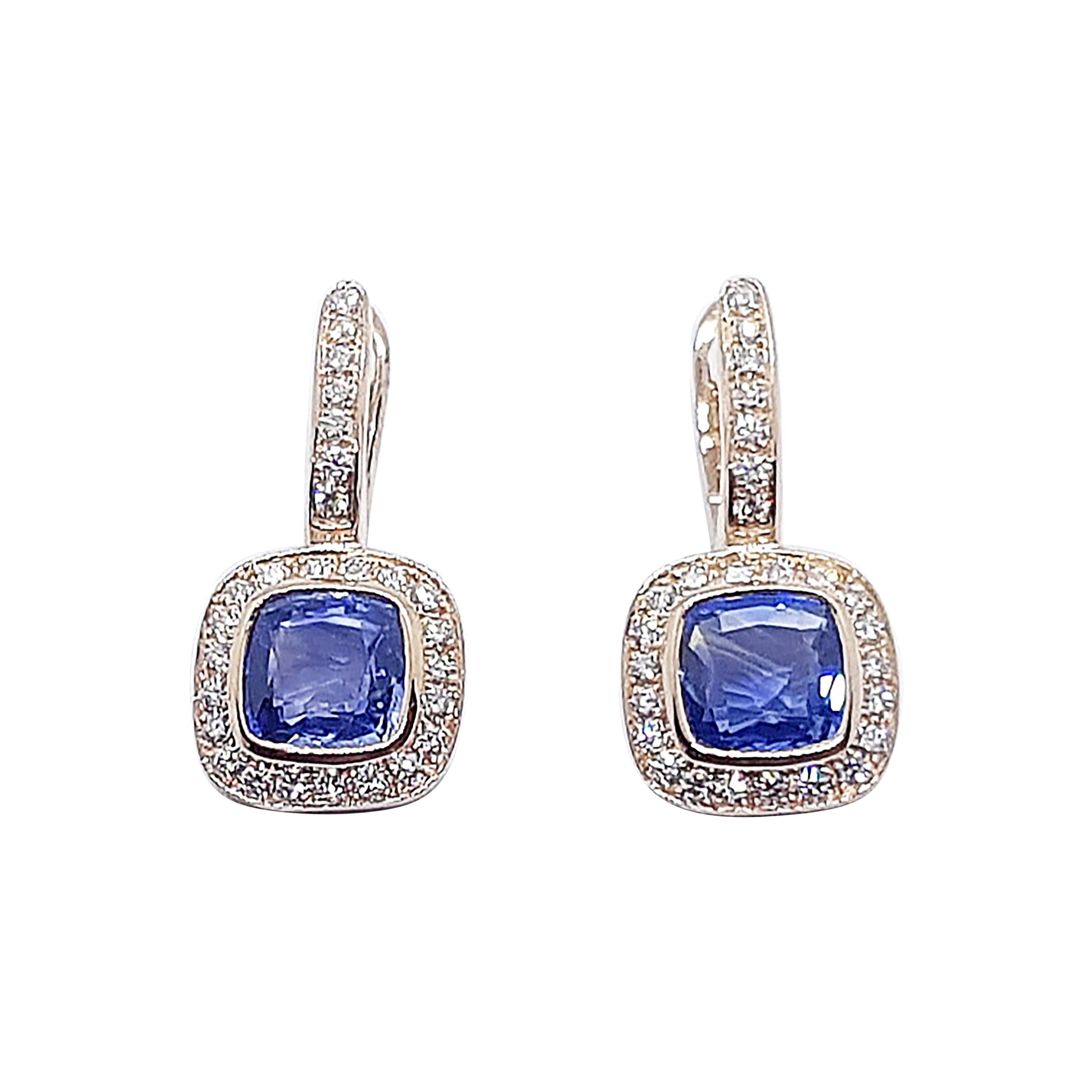 Blue Sapphire with Diamond Earrings Set in 18 Karat Rose Gold Settings For Sale