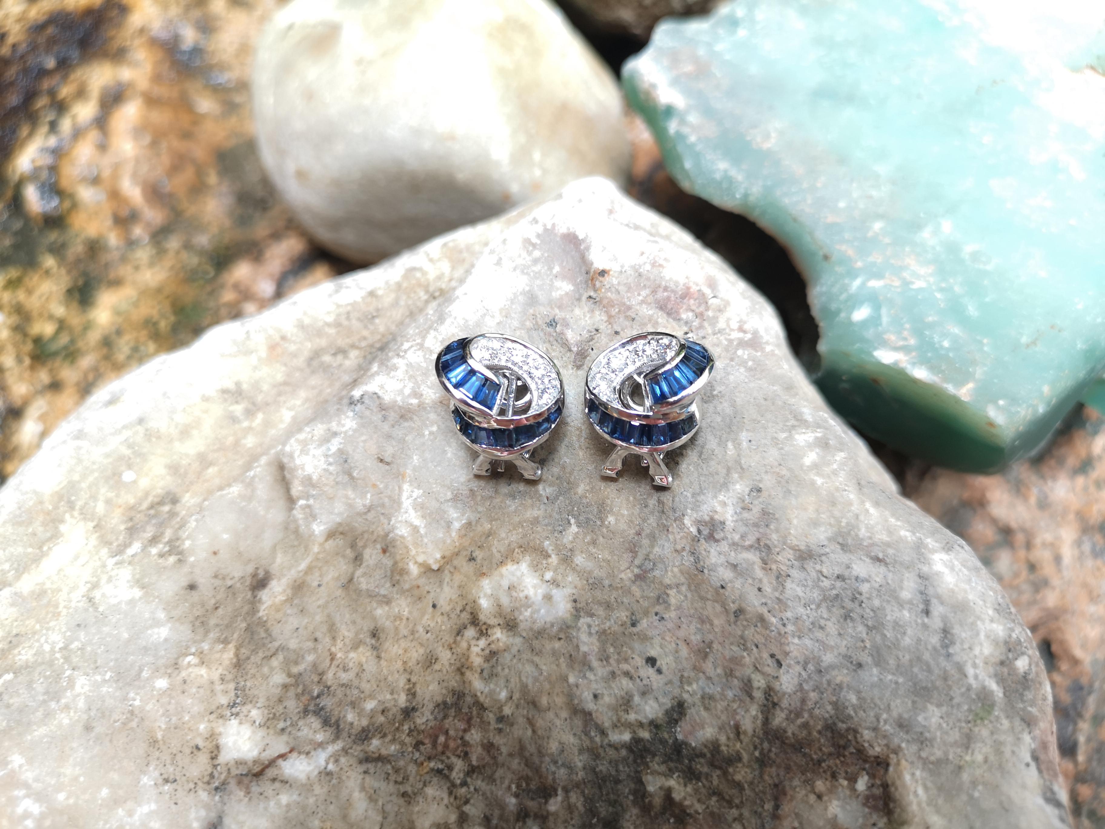 Baguette Cut Blue Sapphire with Diamond Earrings Set in 18 Karat White Gold Setting For Sale