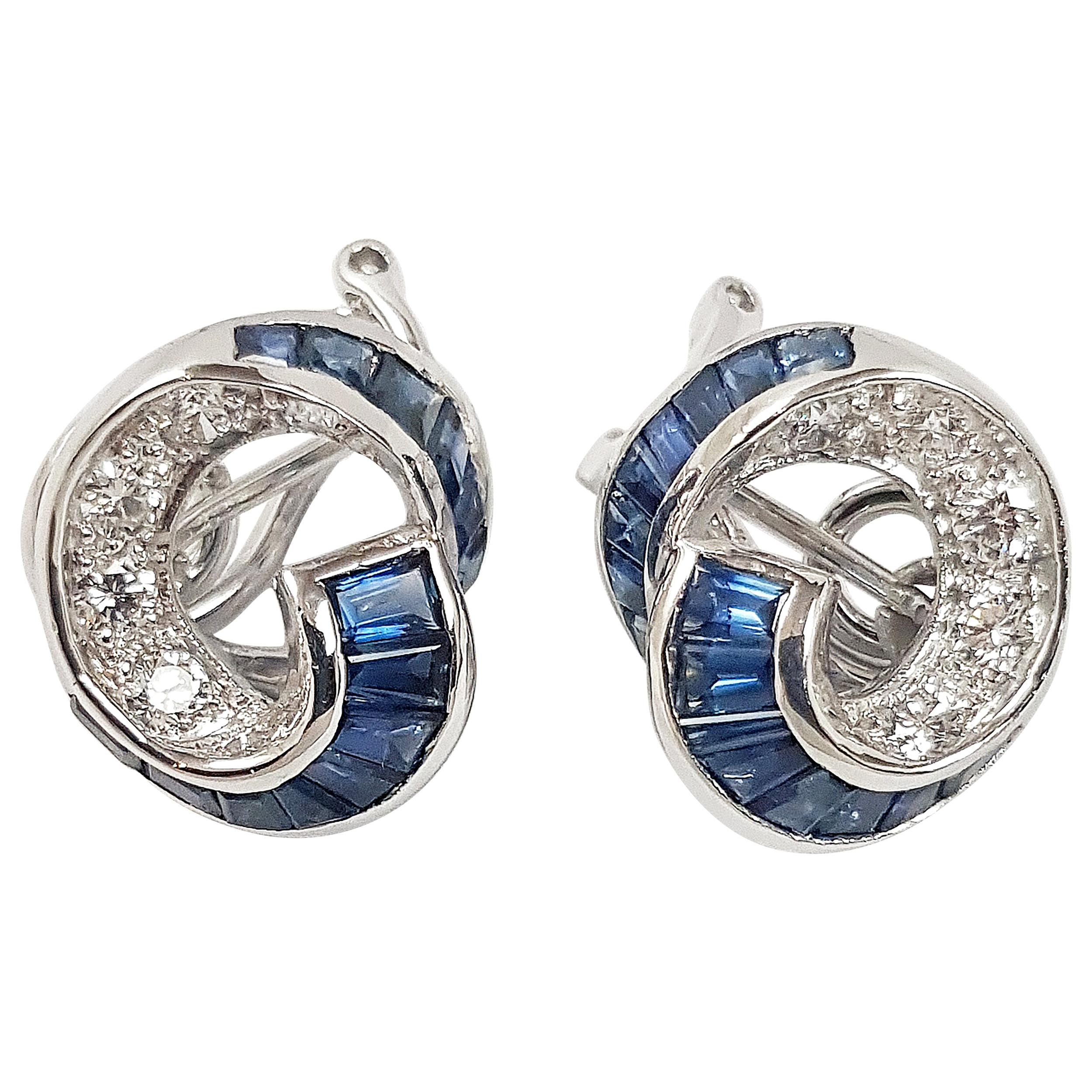 Blue Sapphire with Diamond Earrings Set in 18 Karat White Gold Setting For Sale