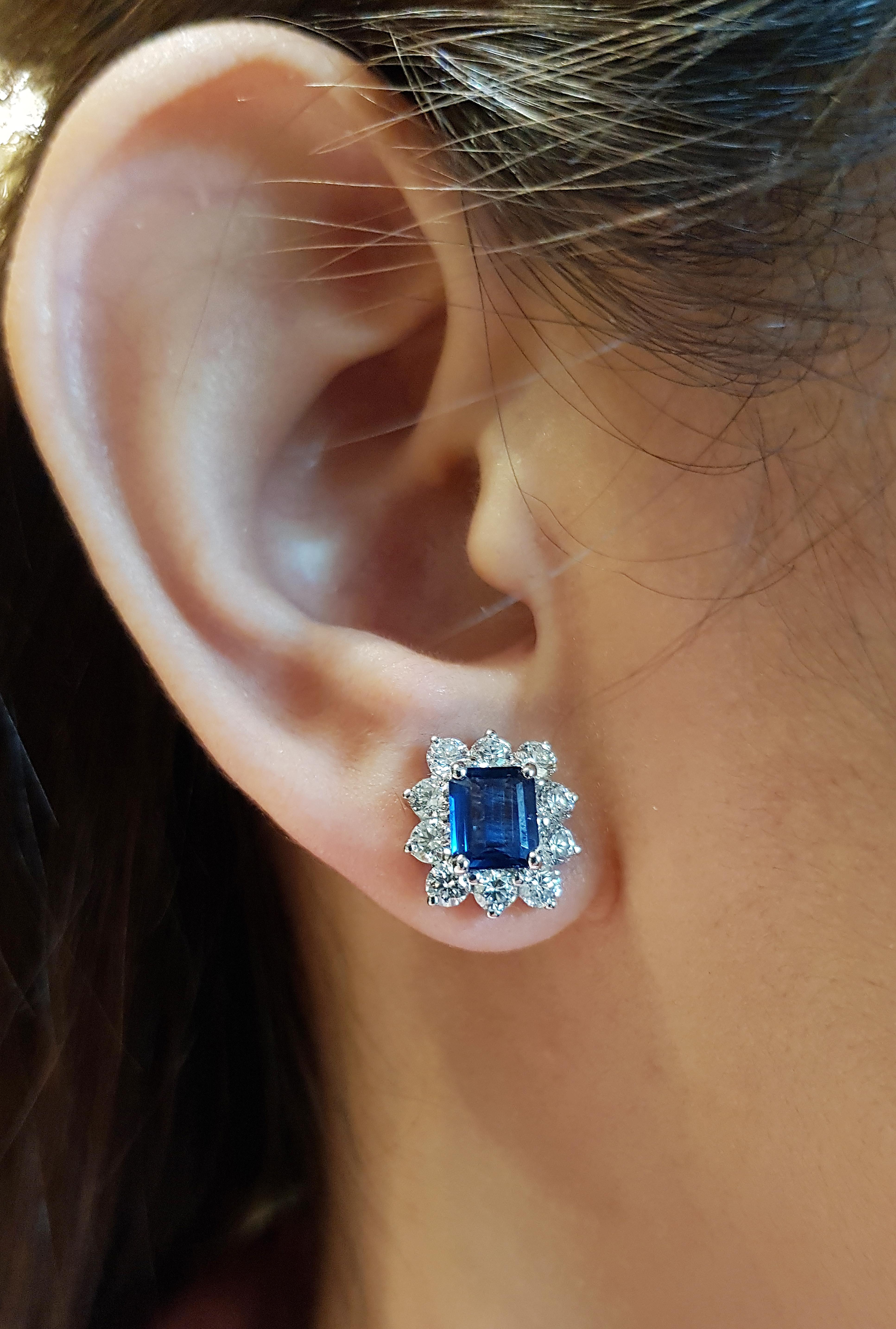 Blue Sapphire 2.13 carats with Diamond 1.62 carats Earrings set in 18 Karat White Gold Settings

Width:  1.1 cm 
Length: 1.1 cm
Total Weight: 4.75 grams

