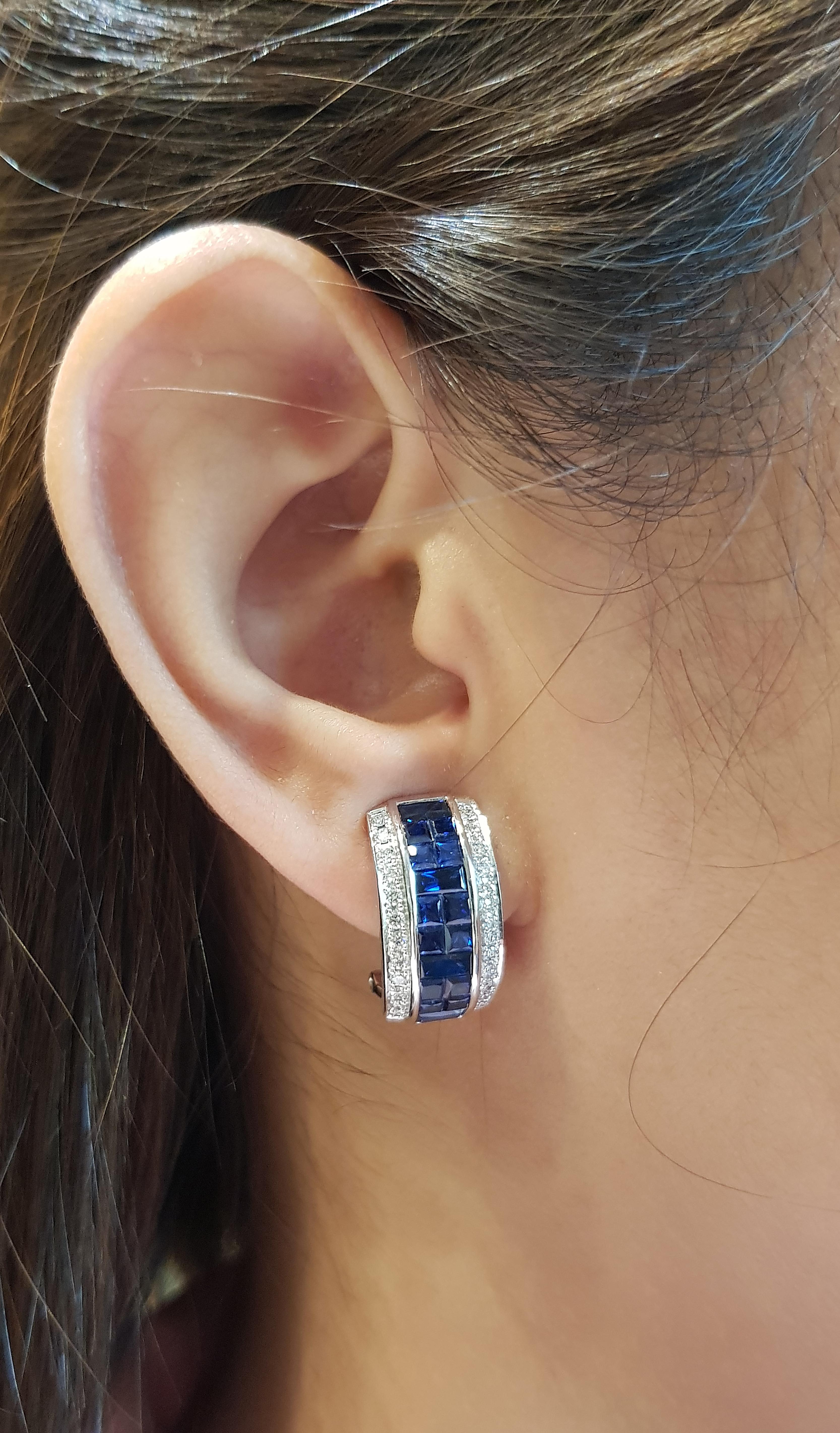 Blauer Saphir 5,18 Karat mit Diamant 0,57 Karat Ohrringe in 18 Karat Weißgold gefasst

Breite:  1.0 cm 
Länge: 1,9 cm
Gesamtgewicht: 10,55 Gramm


